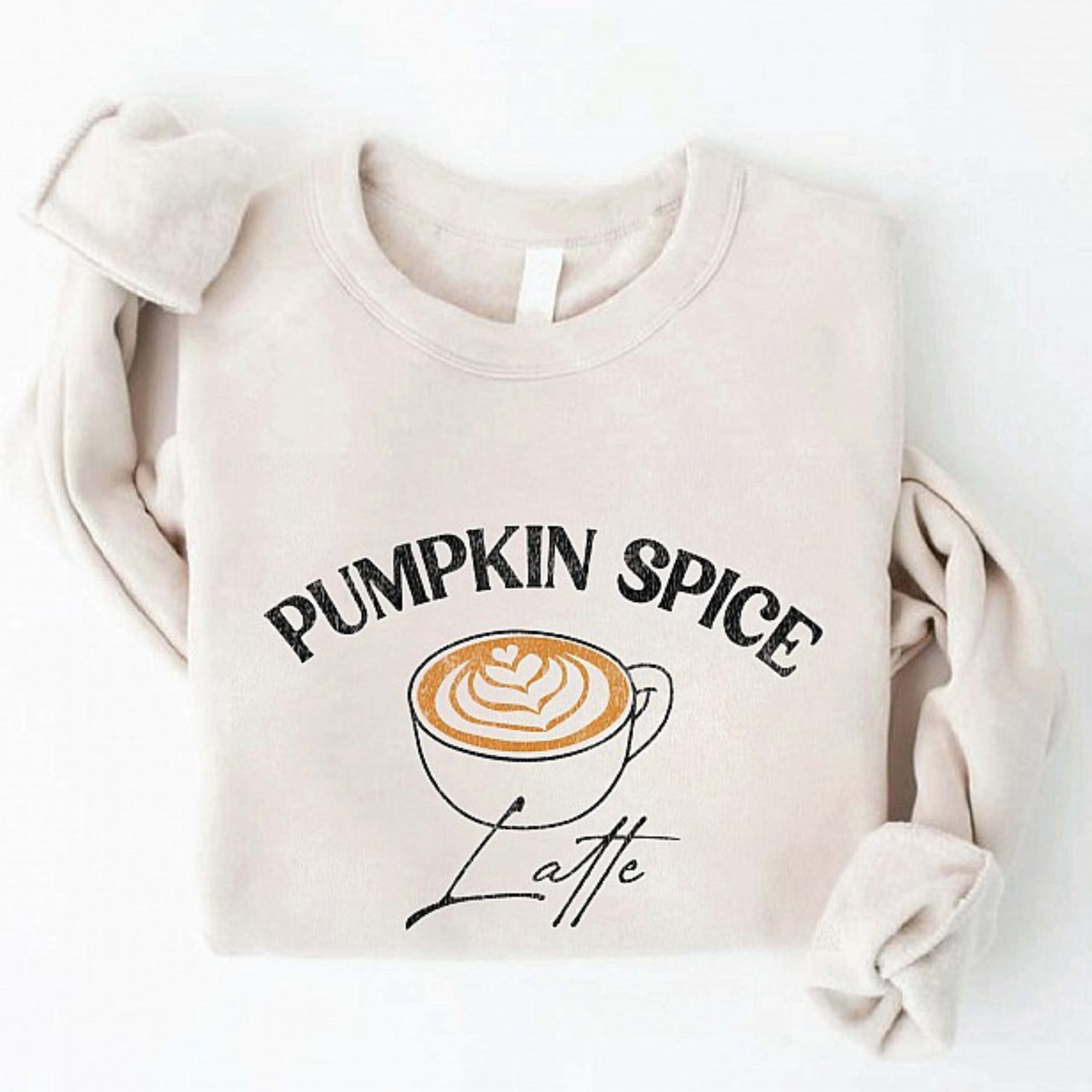 Pumpkin spice latte graphic on a cozy beige sweatshirt, stylish and perfect for fall fashion.