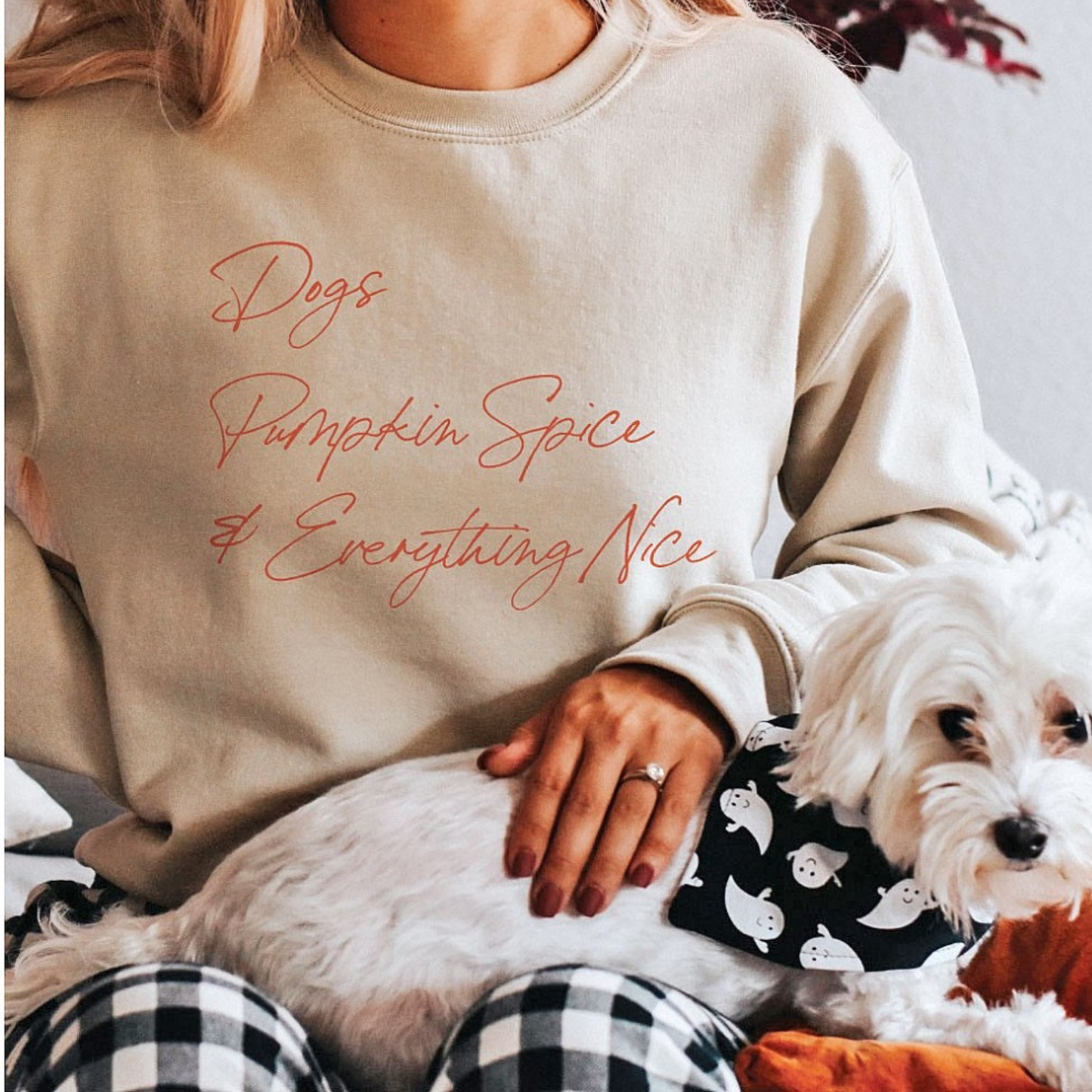 A woman in a cozy sweatshirt pets a small dog with a ghost-patterned bandana, sitting comfortably indoors.