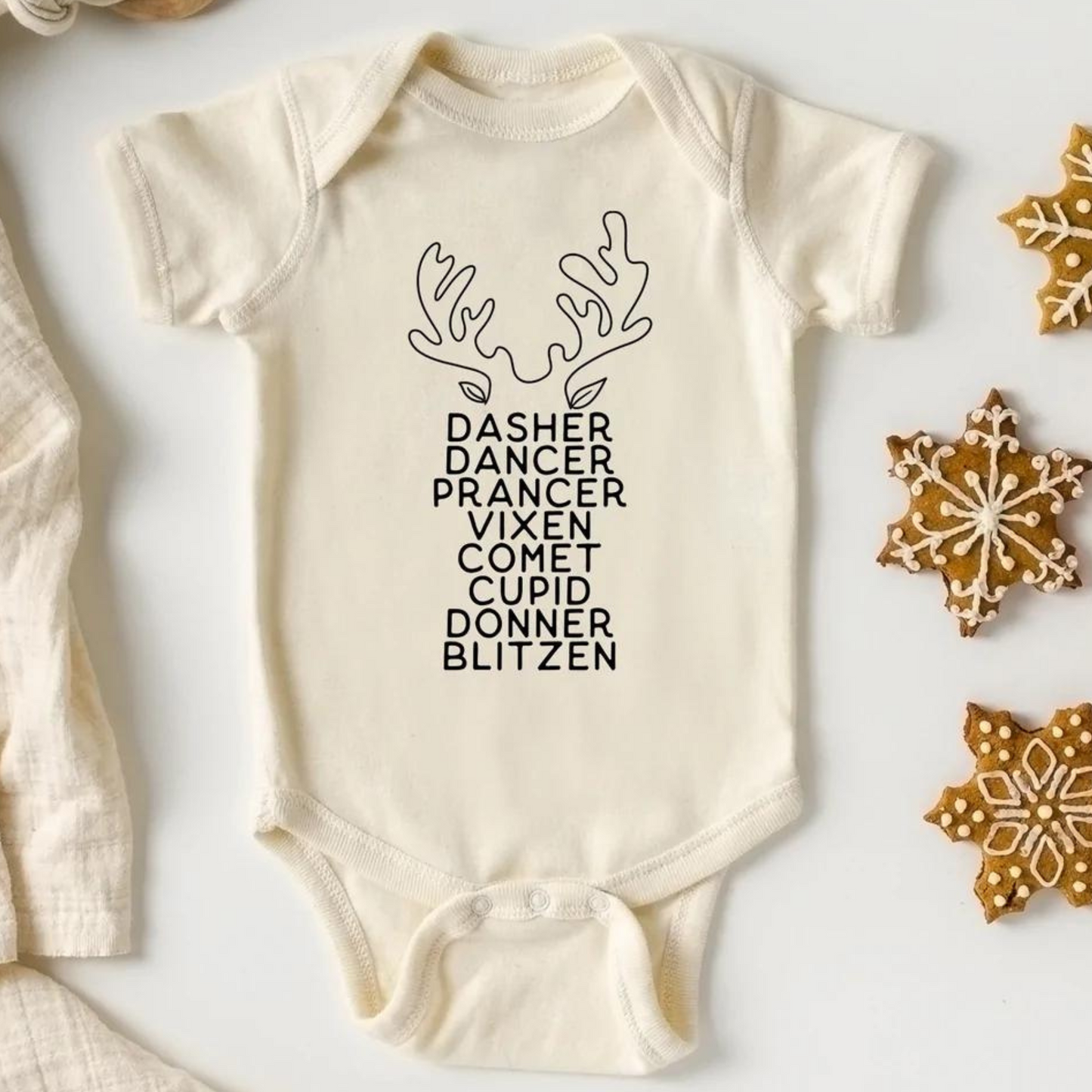 Reindeer Names / Antlers Short Sleeve Bodysuit, Cream
