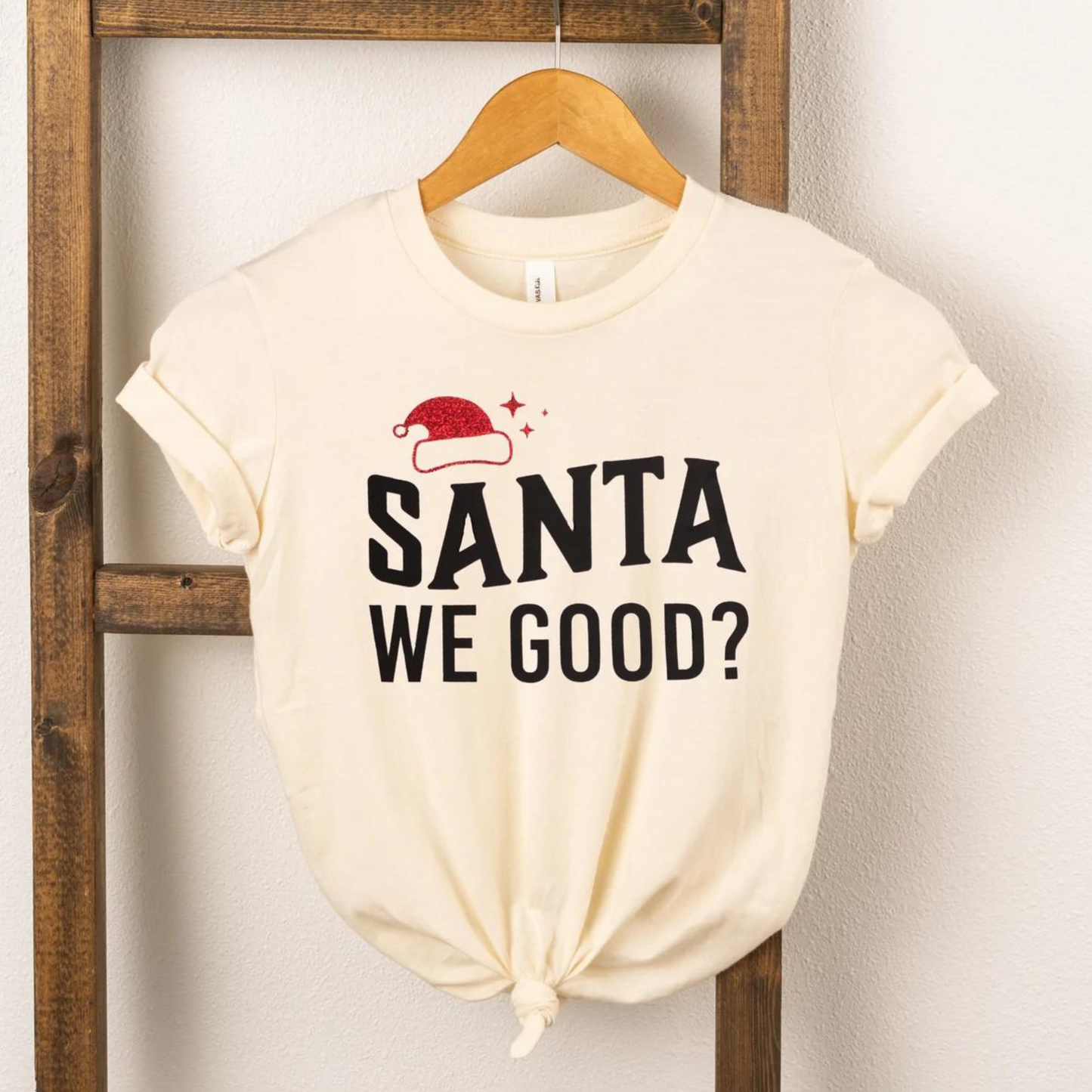 Santa We Good? Glitter Short Sleeve Tee, Cream