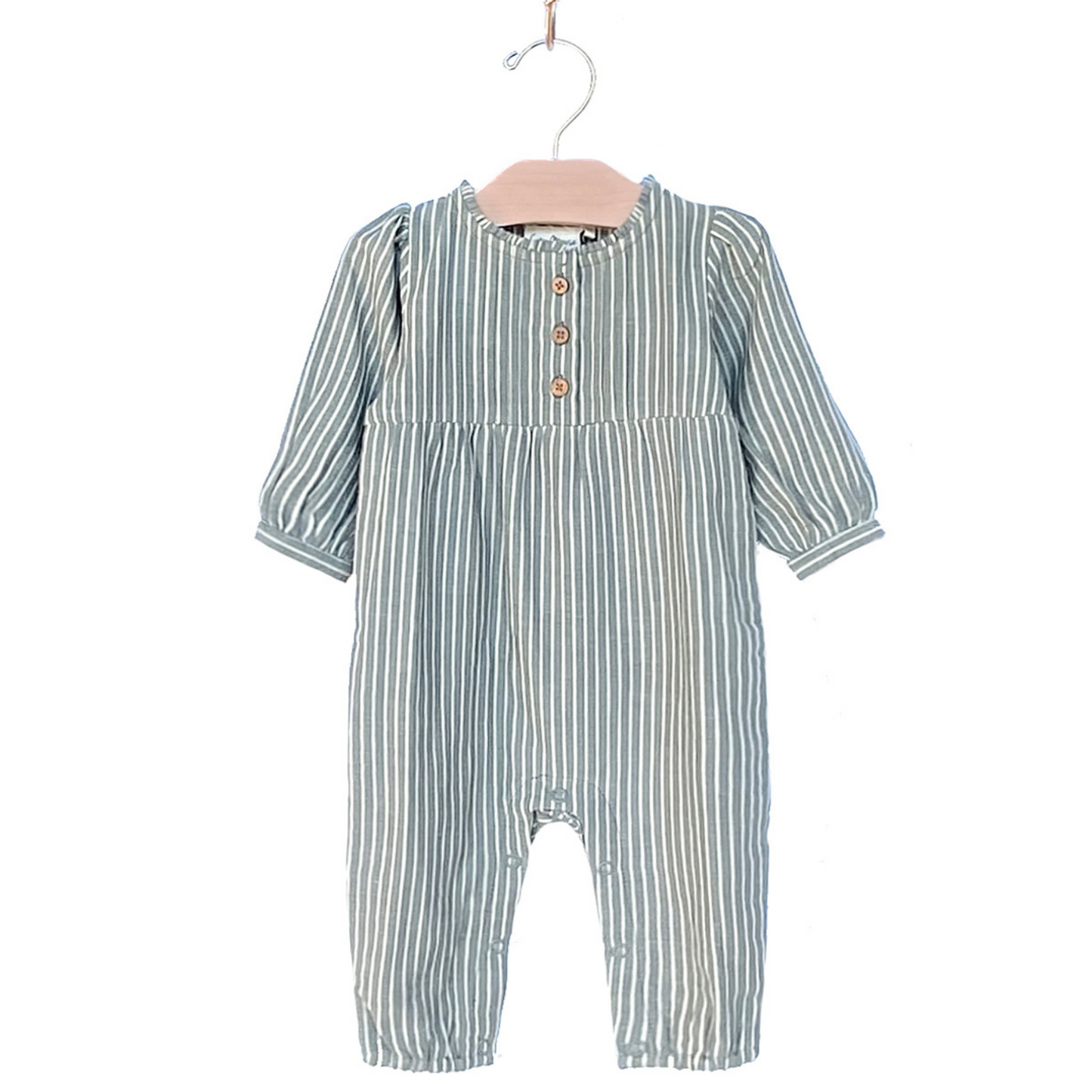 Cotton Frill Neck Romper, Granite Stripe