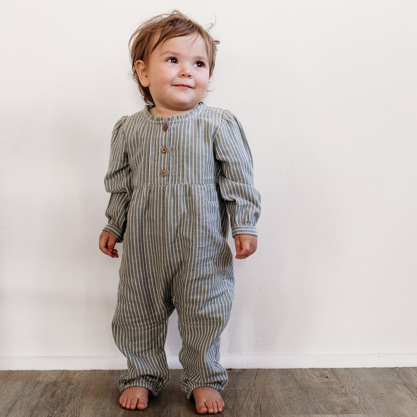 Cotton Frill Neck Romper, Granite Stripe