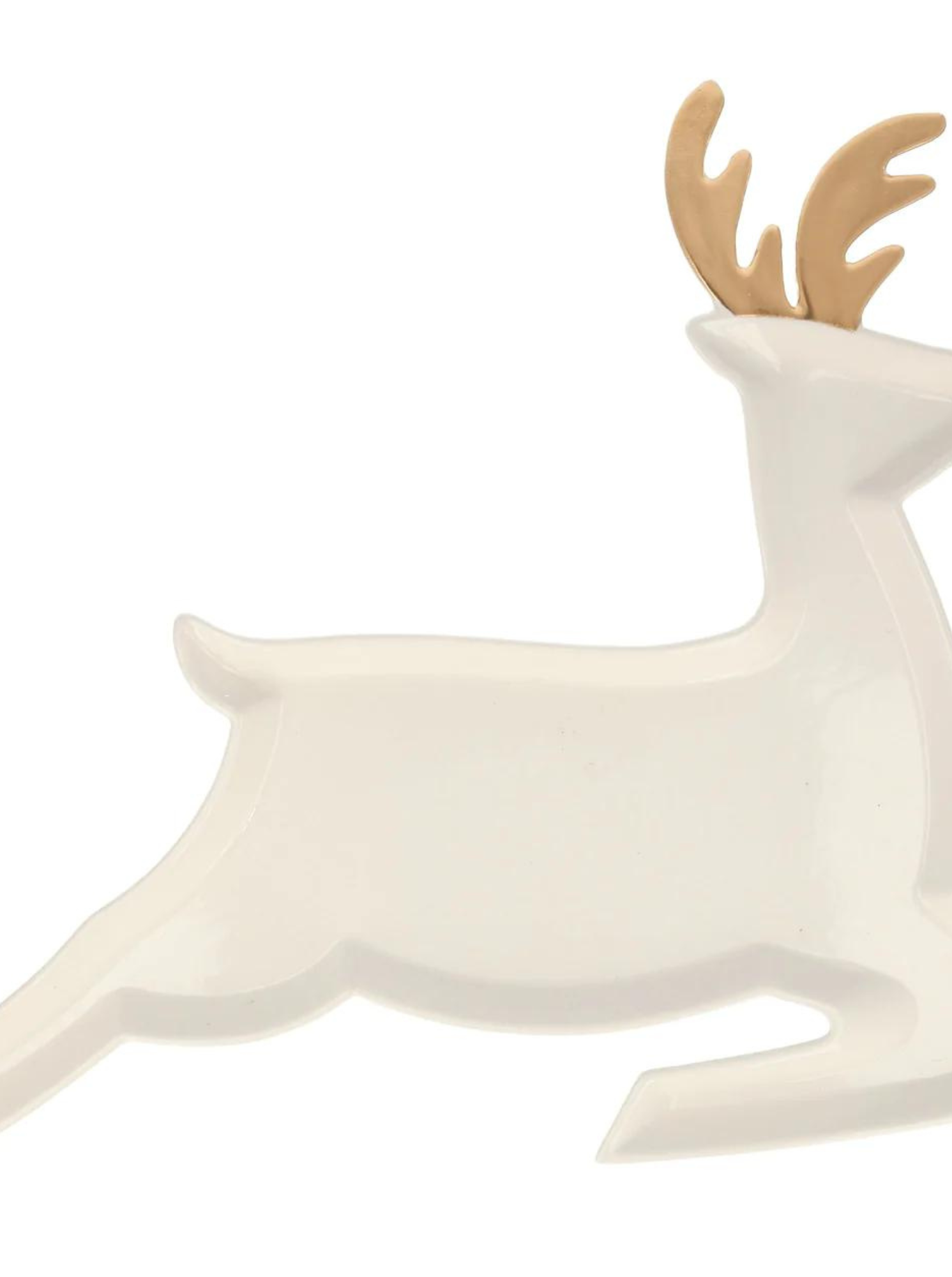 White ceramic deer platter with golden antlers, perfect for holiday serving or decoration.
