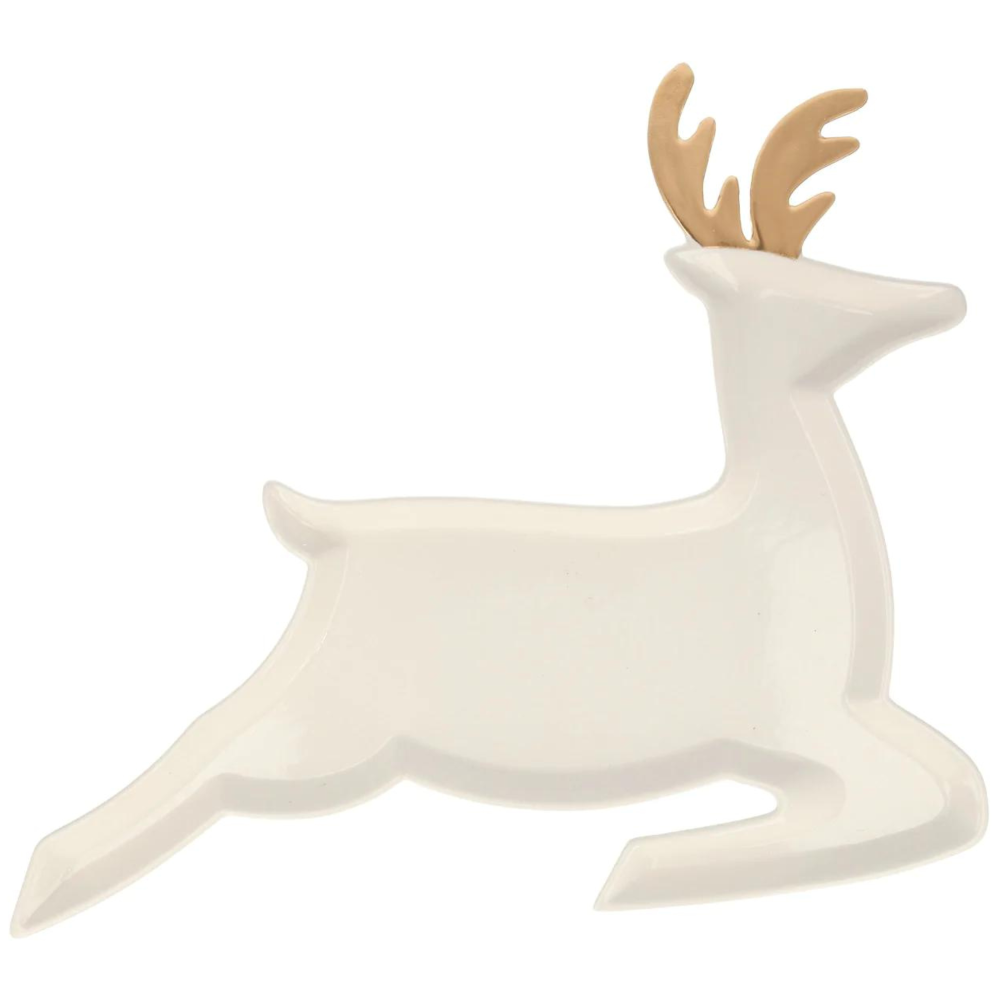 White ceramic deer platter with golden antlers, perfect for holiday serving or decoration.