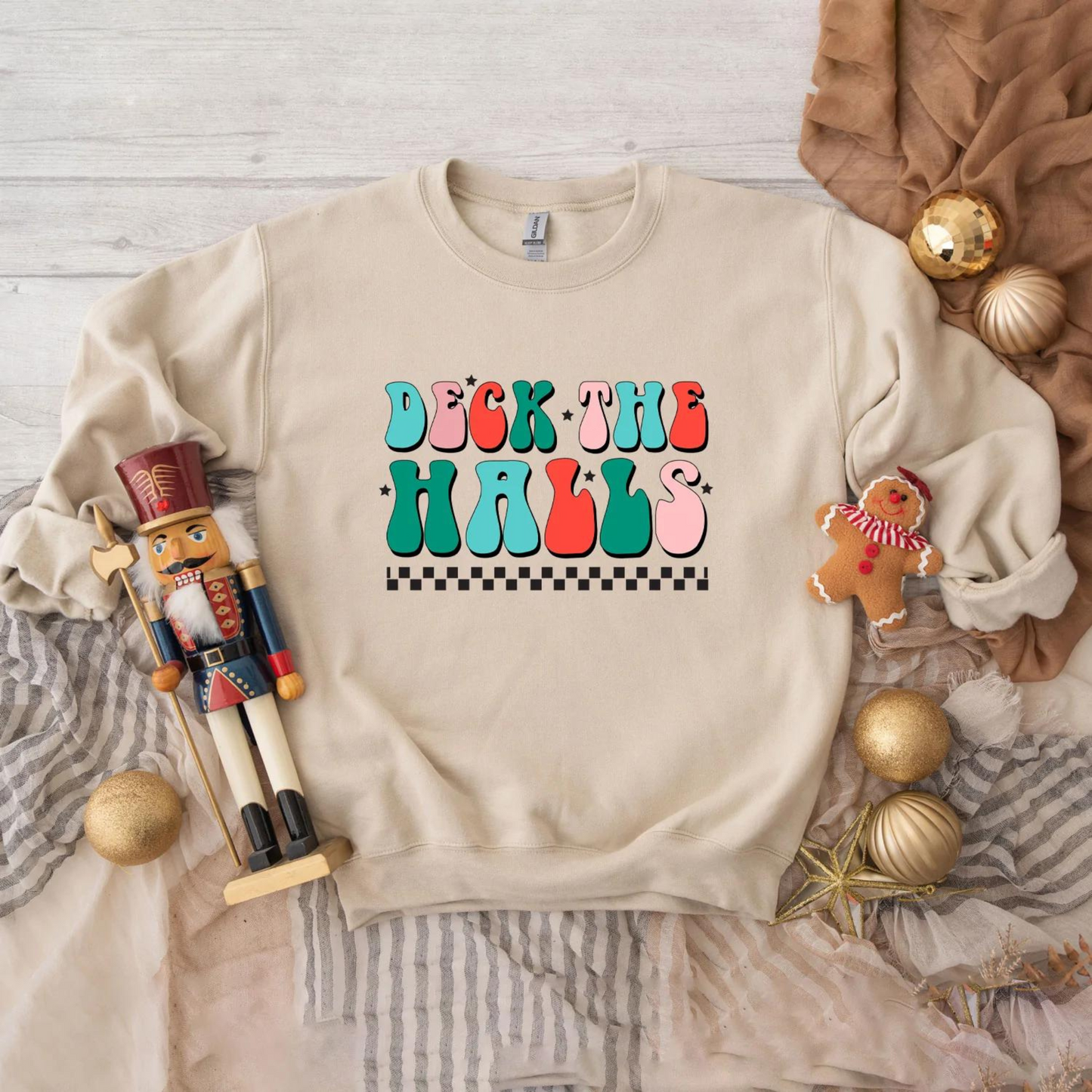 Deck The Halls Adult Checkered Sweatshirt, Dust