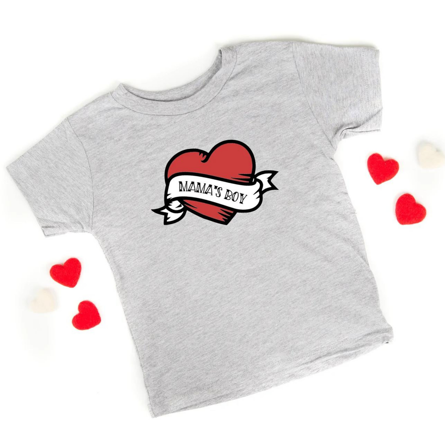 Mama's Boy Heart Short Sleeve Tee, Heather Grey