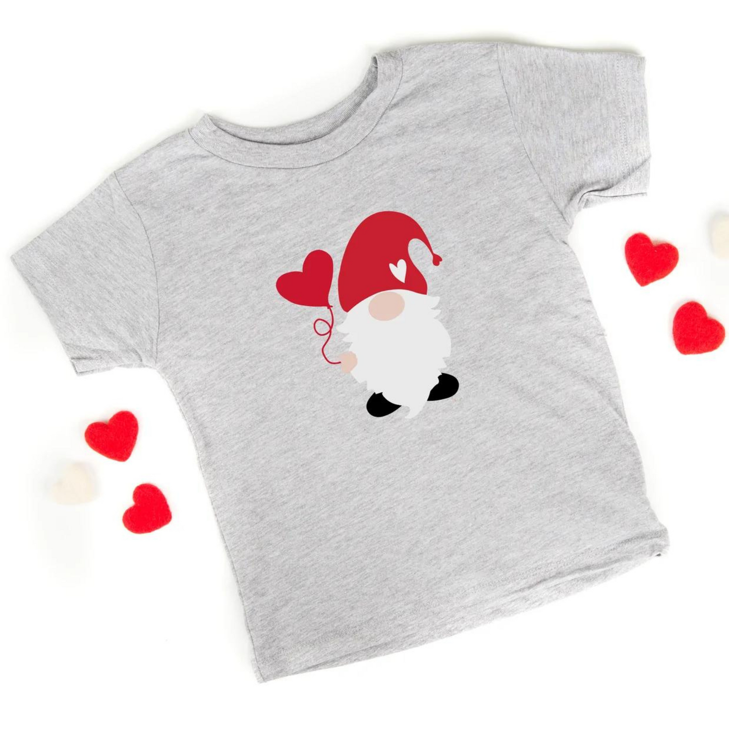 Balloon Heart Gnome Short Sleeve Toddler Tee, Heather Grey