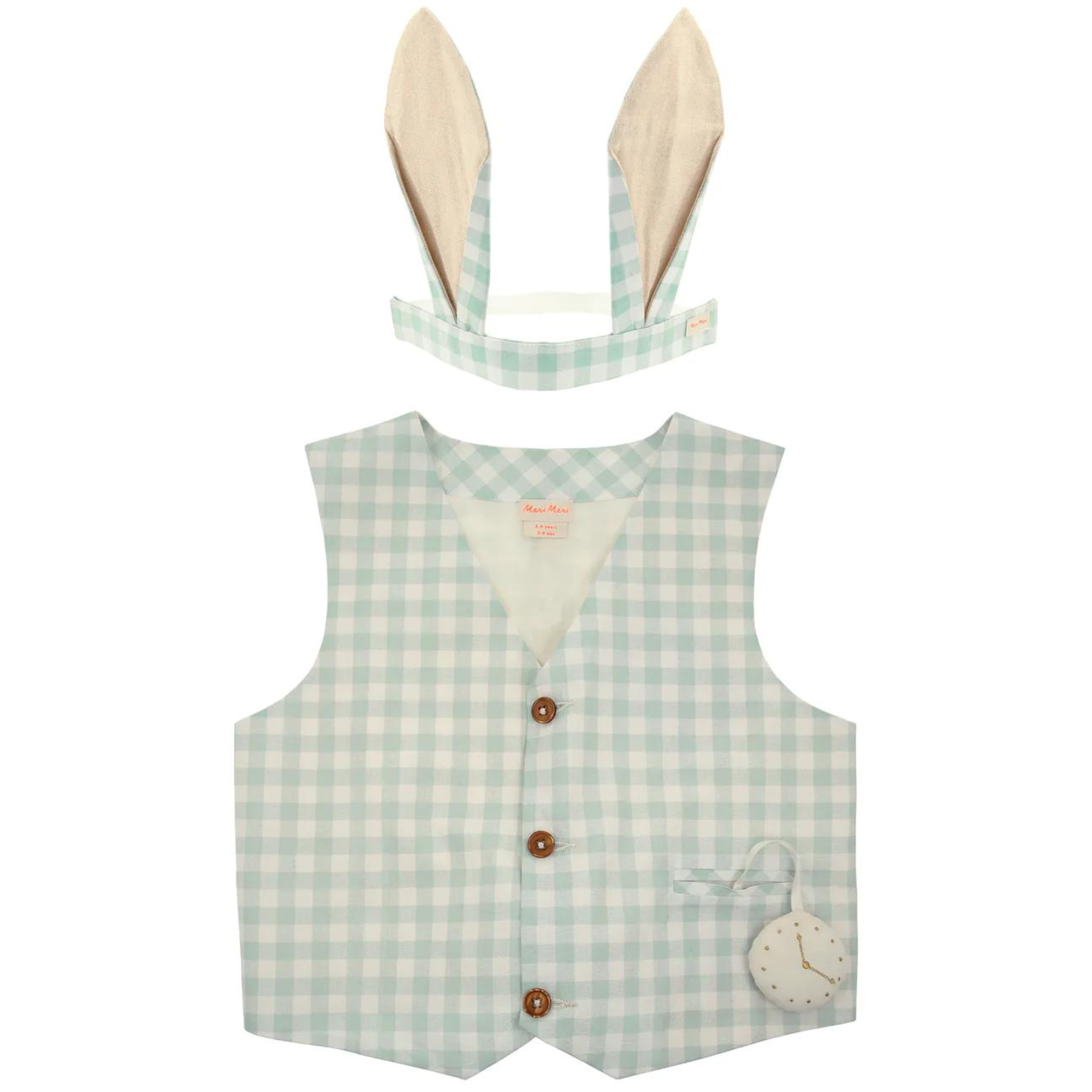Light blue checkered vest with bunny ears headband and pocket watch detail. Suitable for playful costumes.