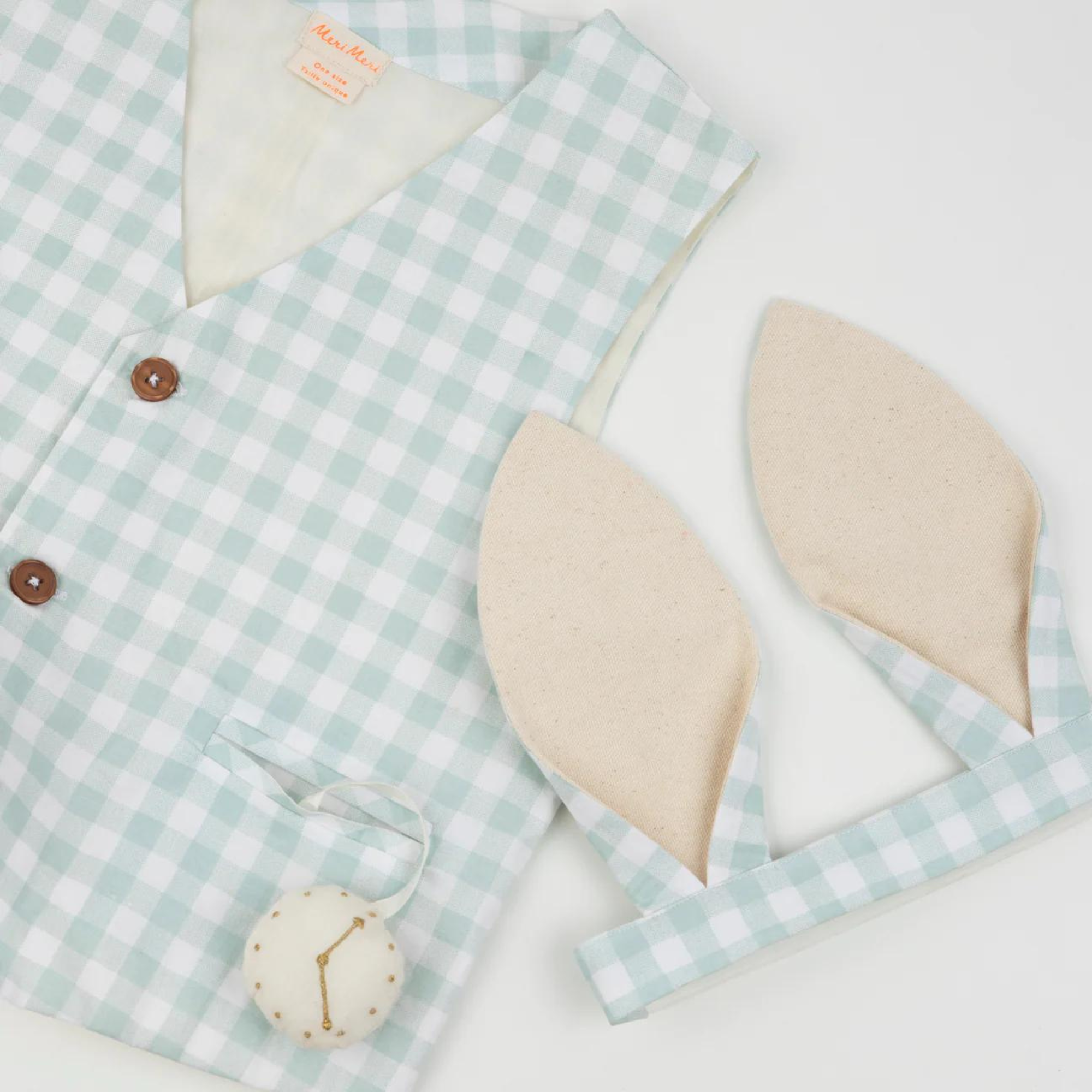 Light blue checkered vest with bunny ears and a decorative pocket watch.