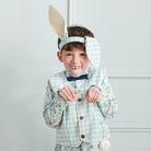 Boy in bunny costume with ears and bow tie, playfully posing against a light background.