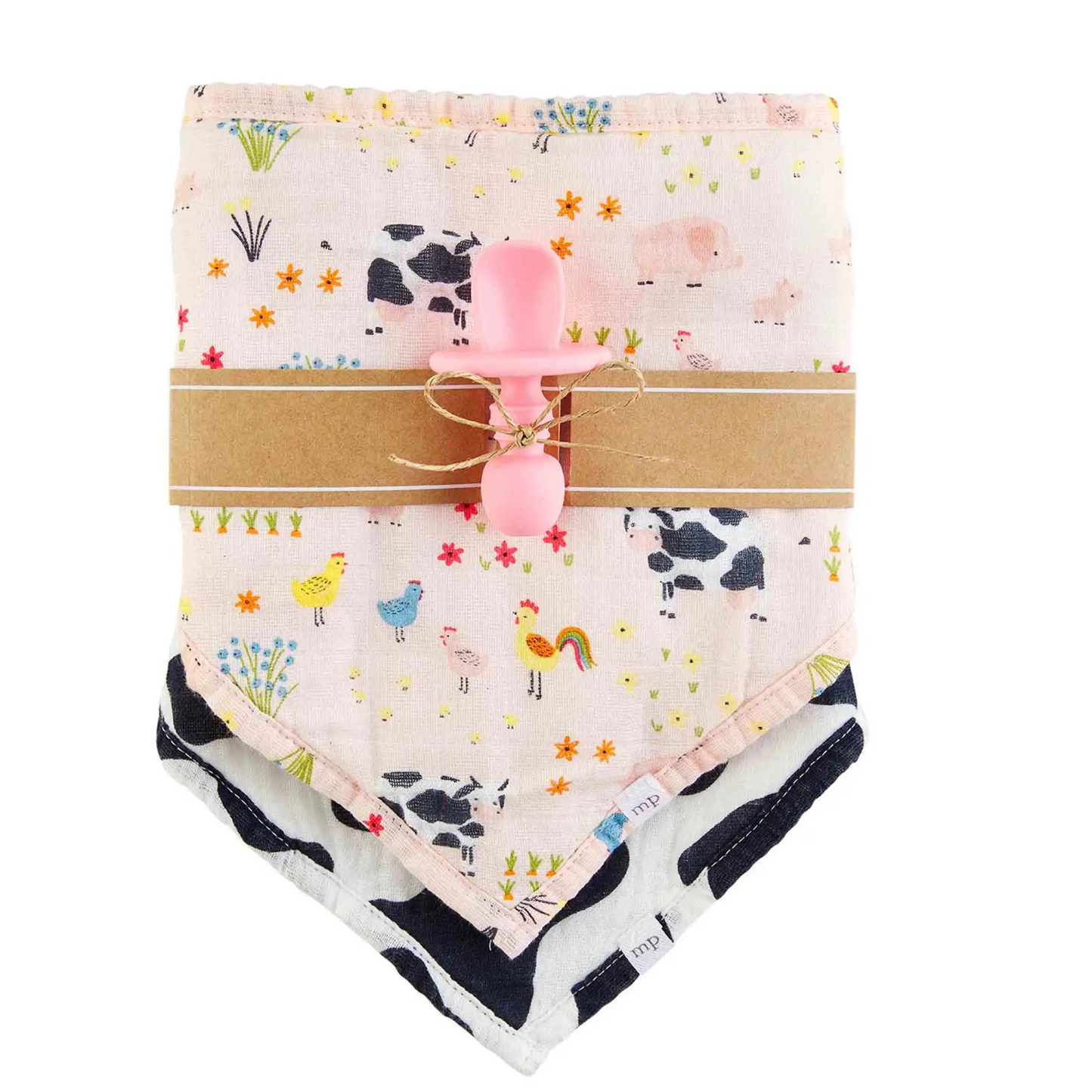 Muslin Bib & Spoon Set, Pink Farm