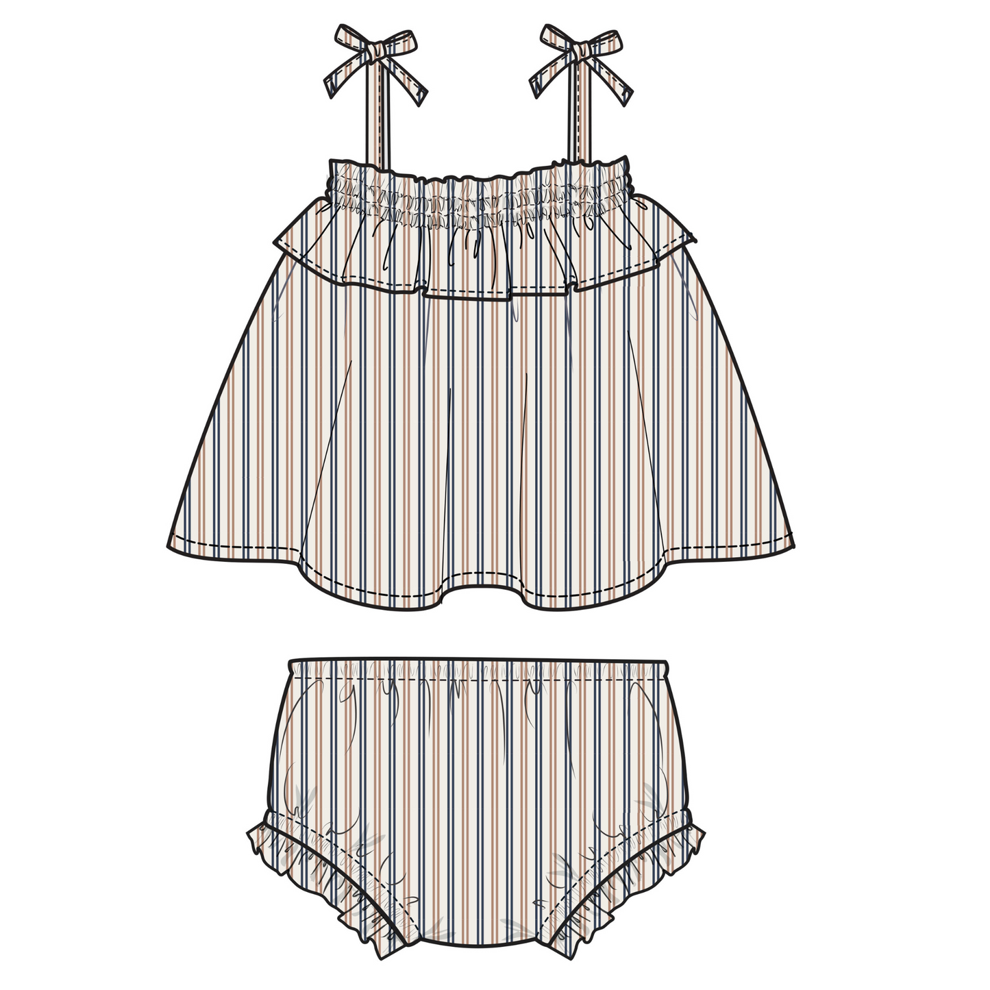 Ruffle Top & Bloomer, Ticking Stripe Navy Clay