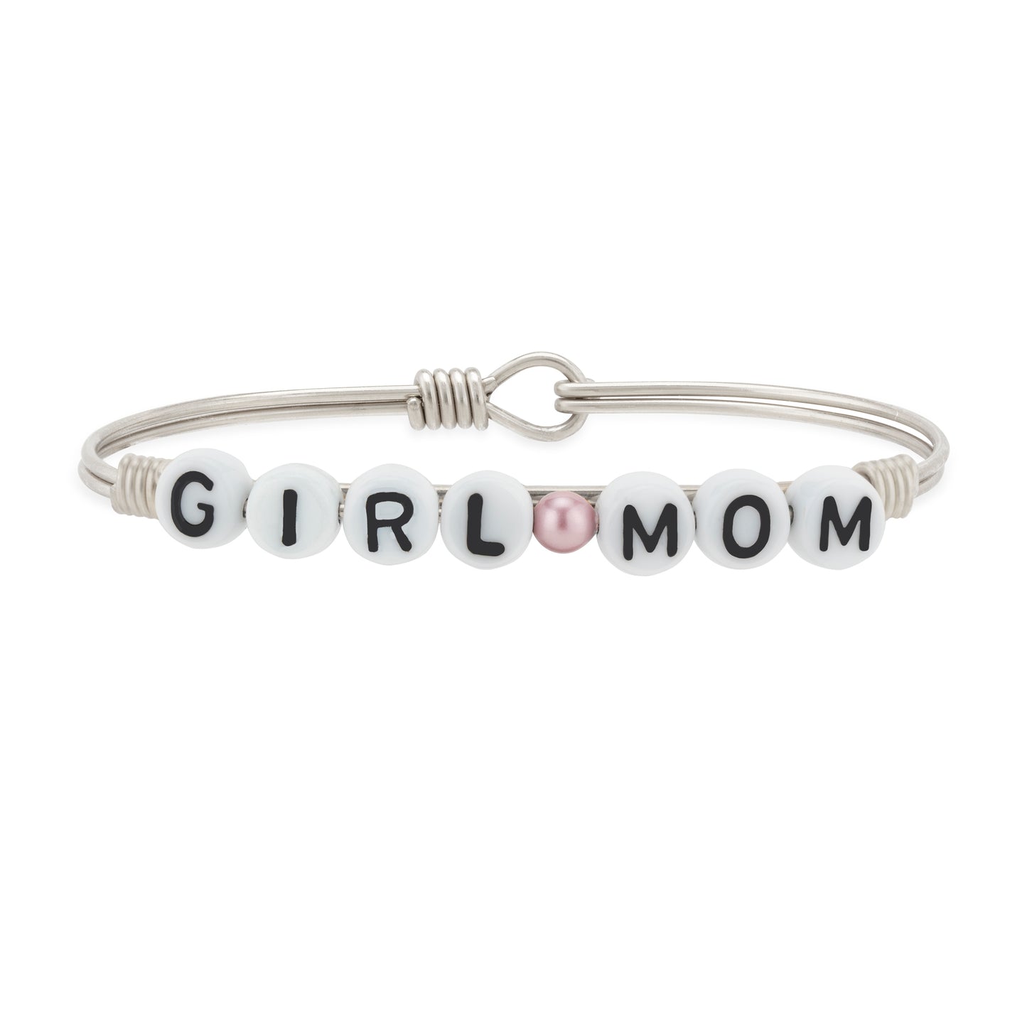 Girl Mom Letter Bead Bangle Bracelet, Silver