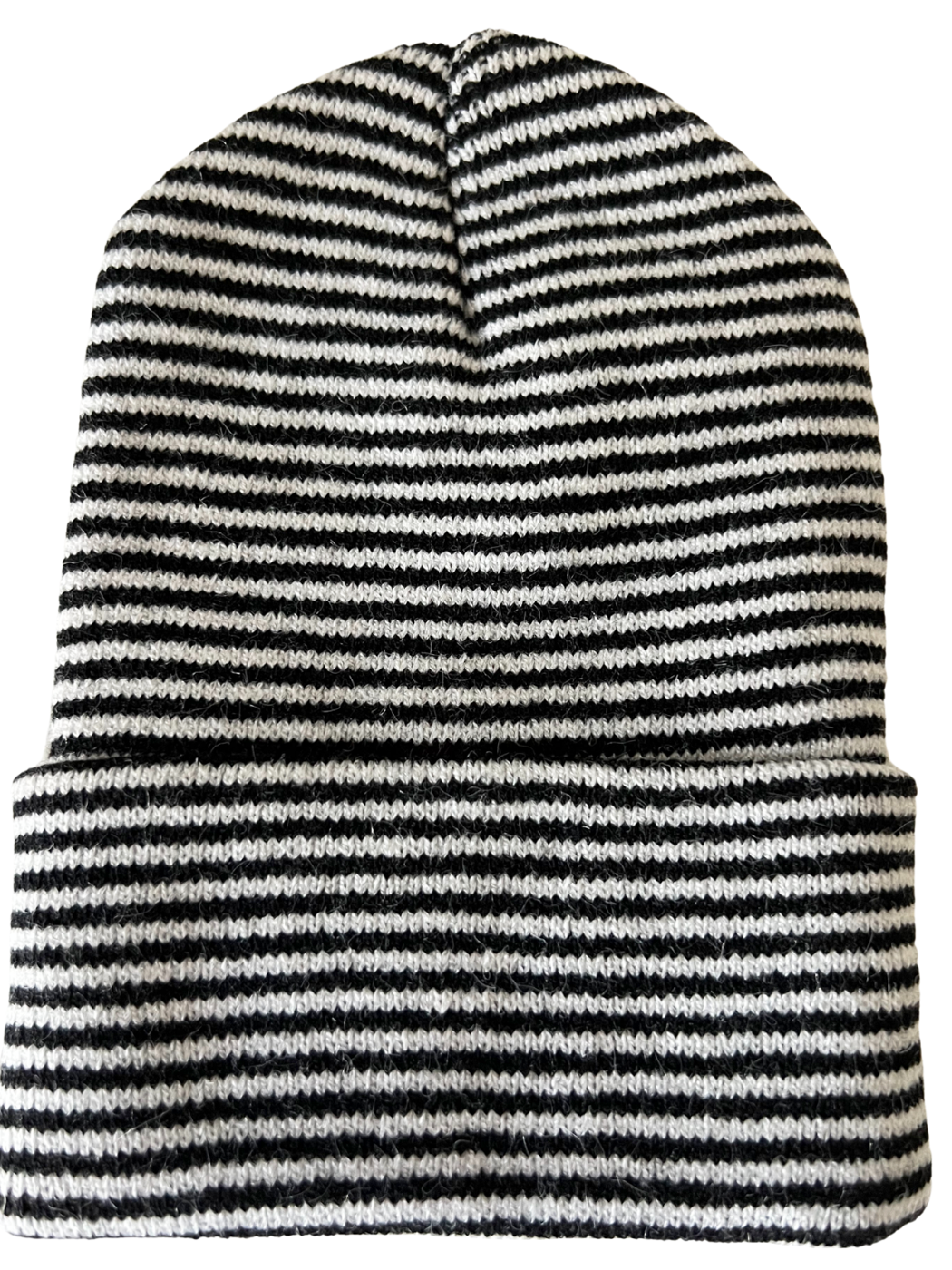 Black and white striped knit beanie hat displayed upright on a white background.