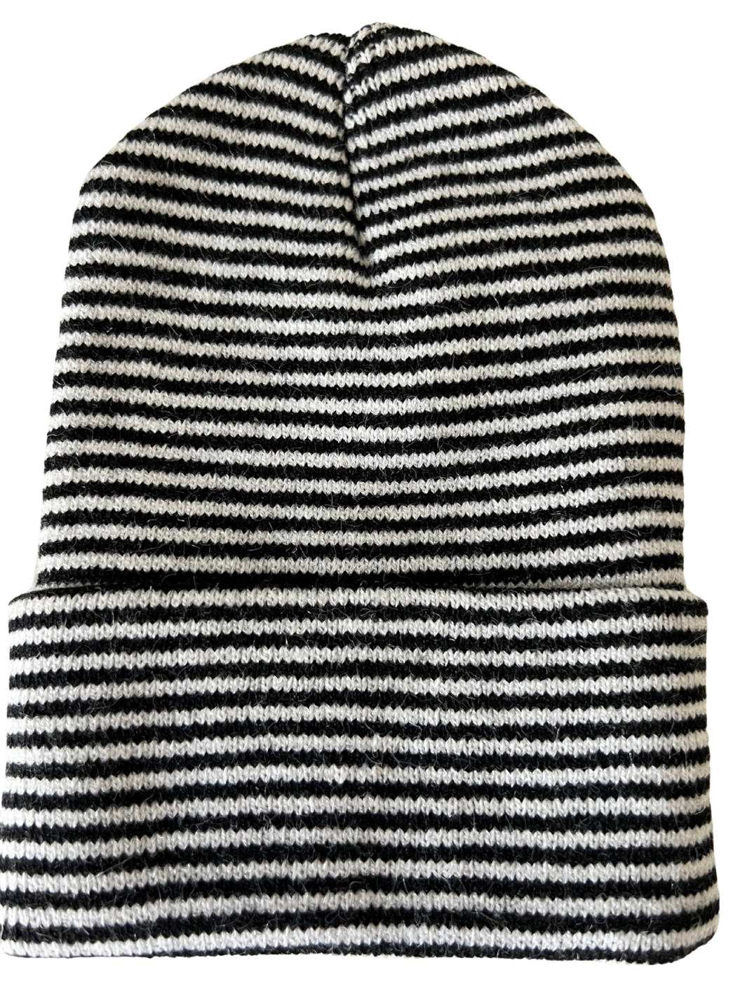 Black and white striped knit beanie hat displayed upright on a white background.