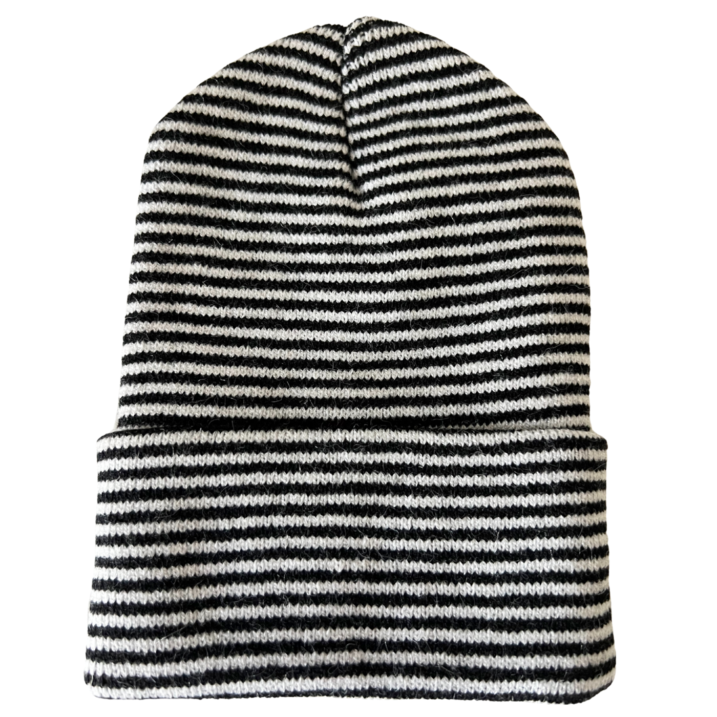 Black and white striped knit beanie hat displayed upright on a white background.