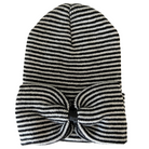 Striped black and white beanie hat with a large bow accent on the front.