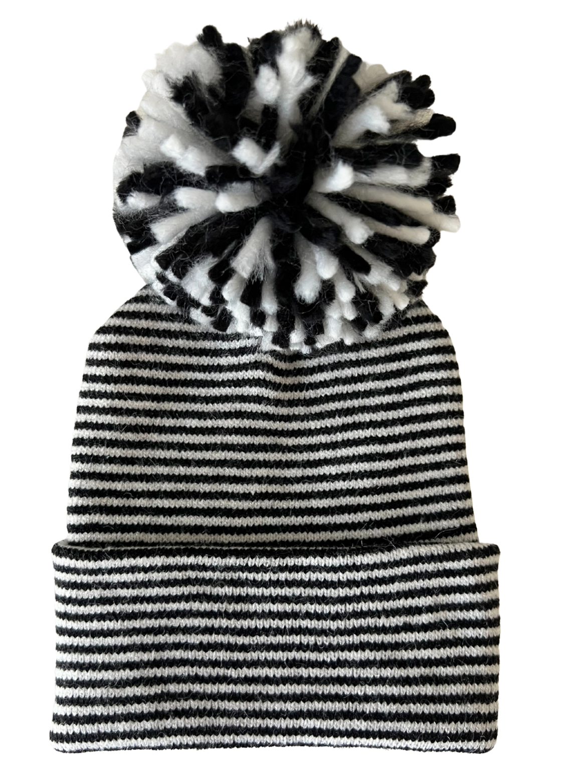 Striped black and white knit beanie hat with a fluffy pom-pom on top.