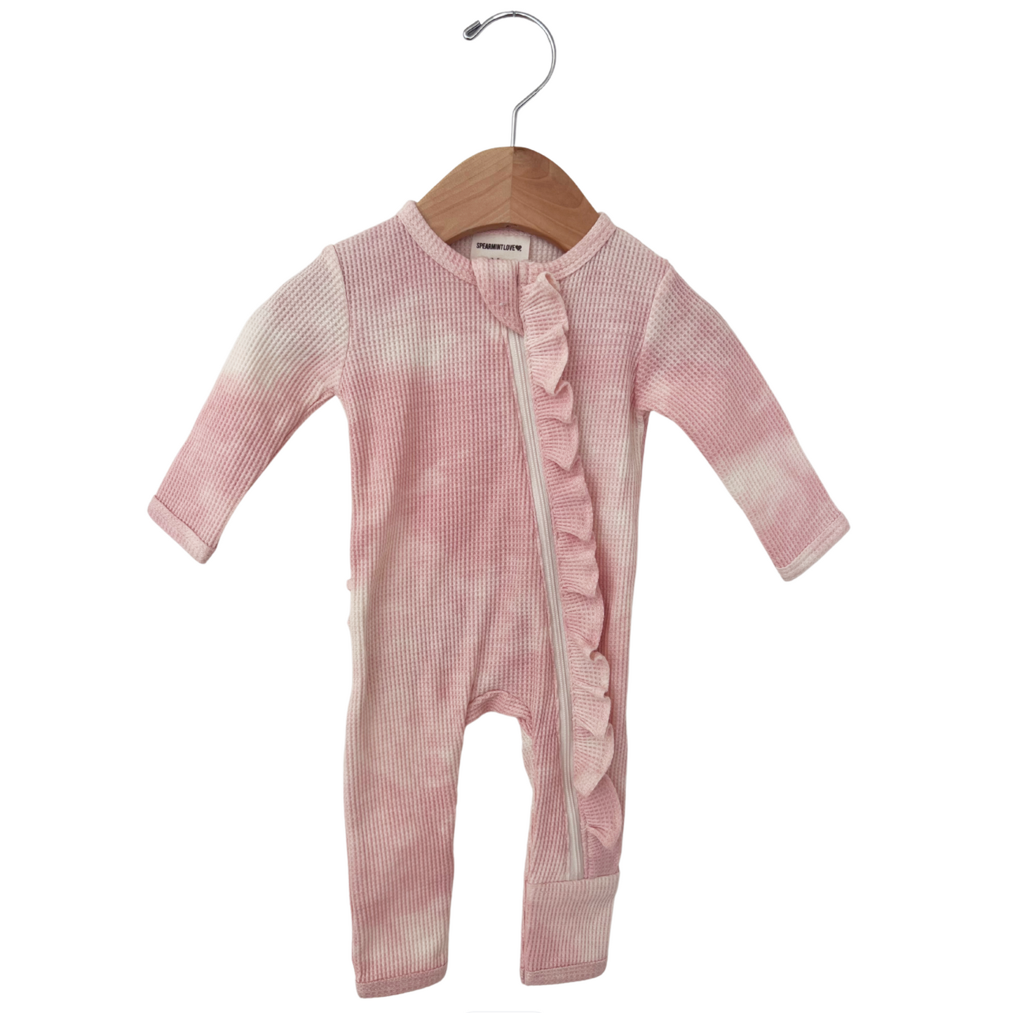 Organic Waffle Ruffle Zip Romper, Ballet Pink Tie Dye