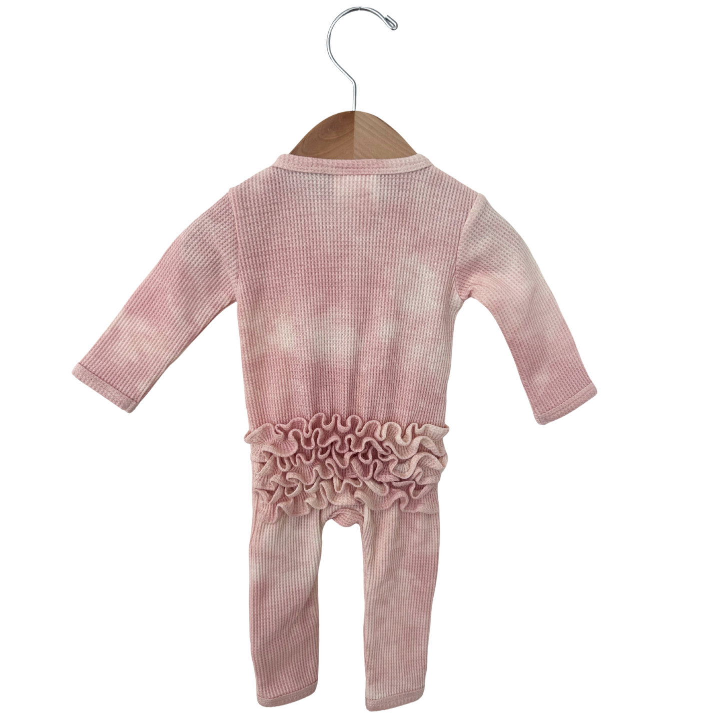 Organic Waffle Ruffle Zip Romper, Ballet Pink Tie Dye