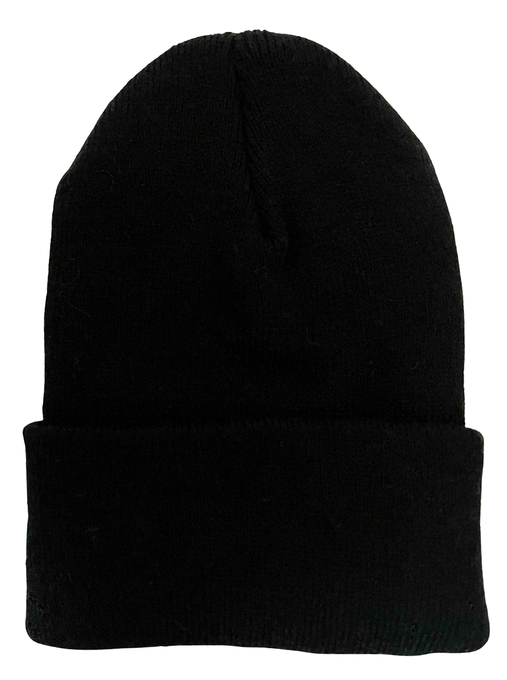 Black knitted beanie hat displayed against a white background.