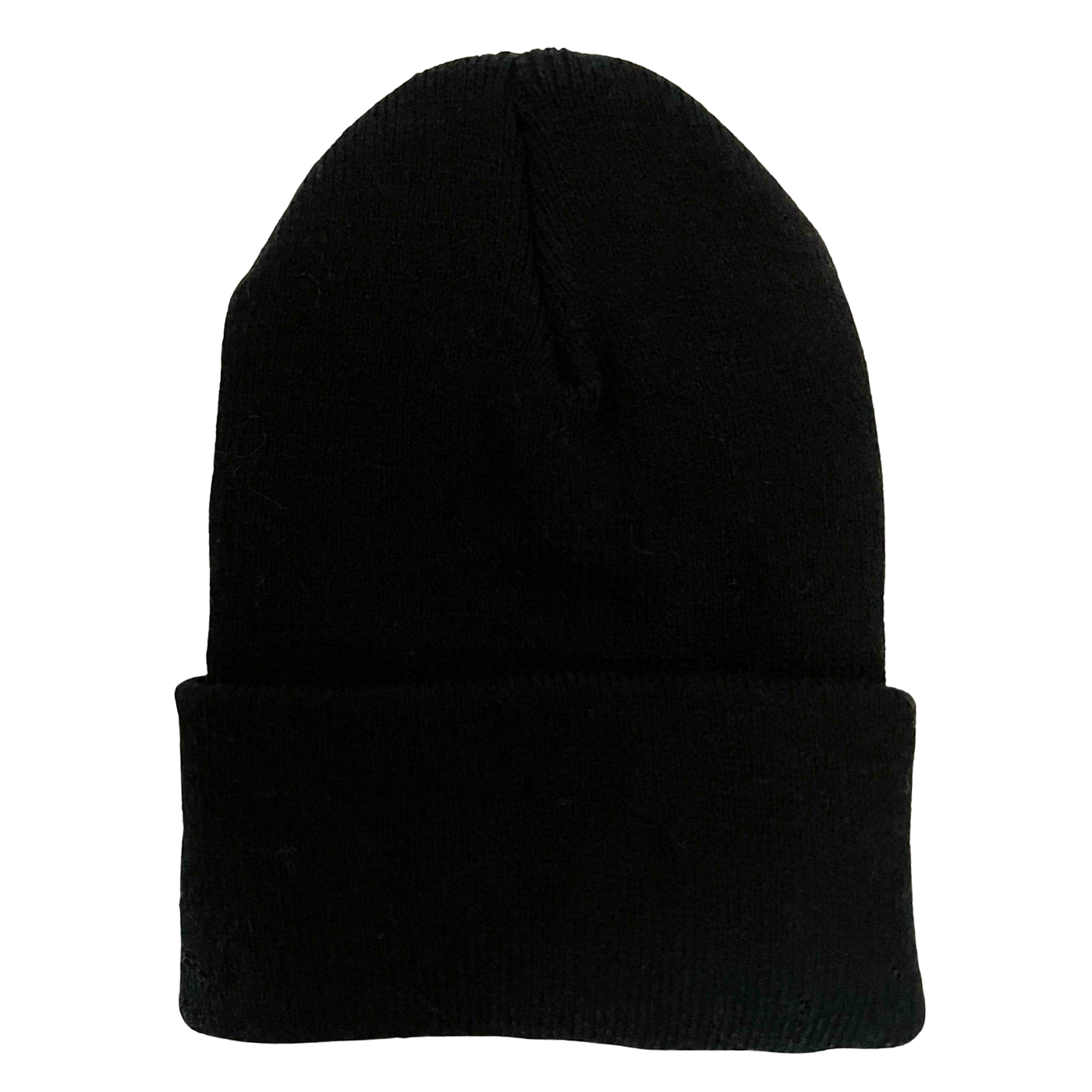 Black knitted beanie hat displayed against a white background.