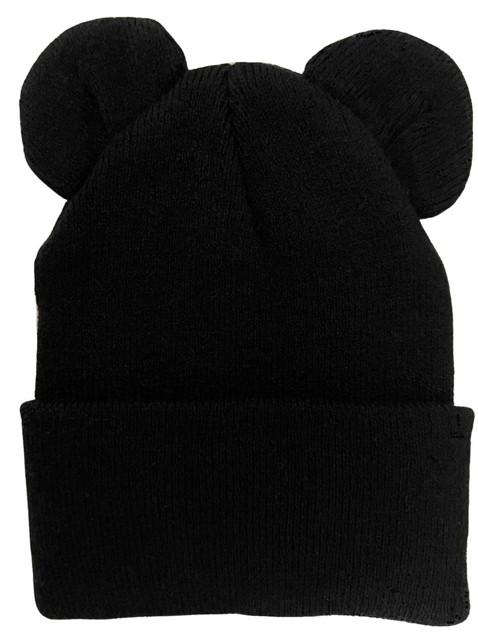 Black knit beanie with two rounded ear-shaped embellishments on top.