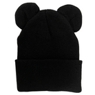 Black knit beanie with two rounded ear-shaped embellishments on top.