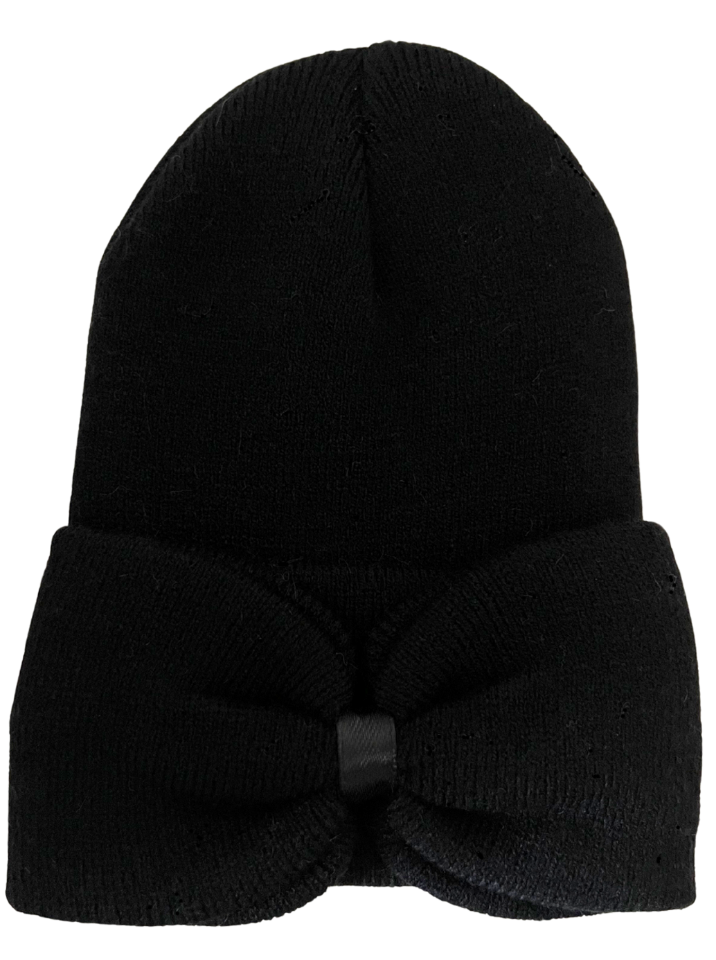Black knitted beanie hat with a large bow at the front. Ideal for winter wear and stylish accessories.