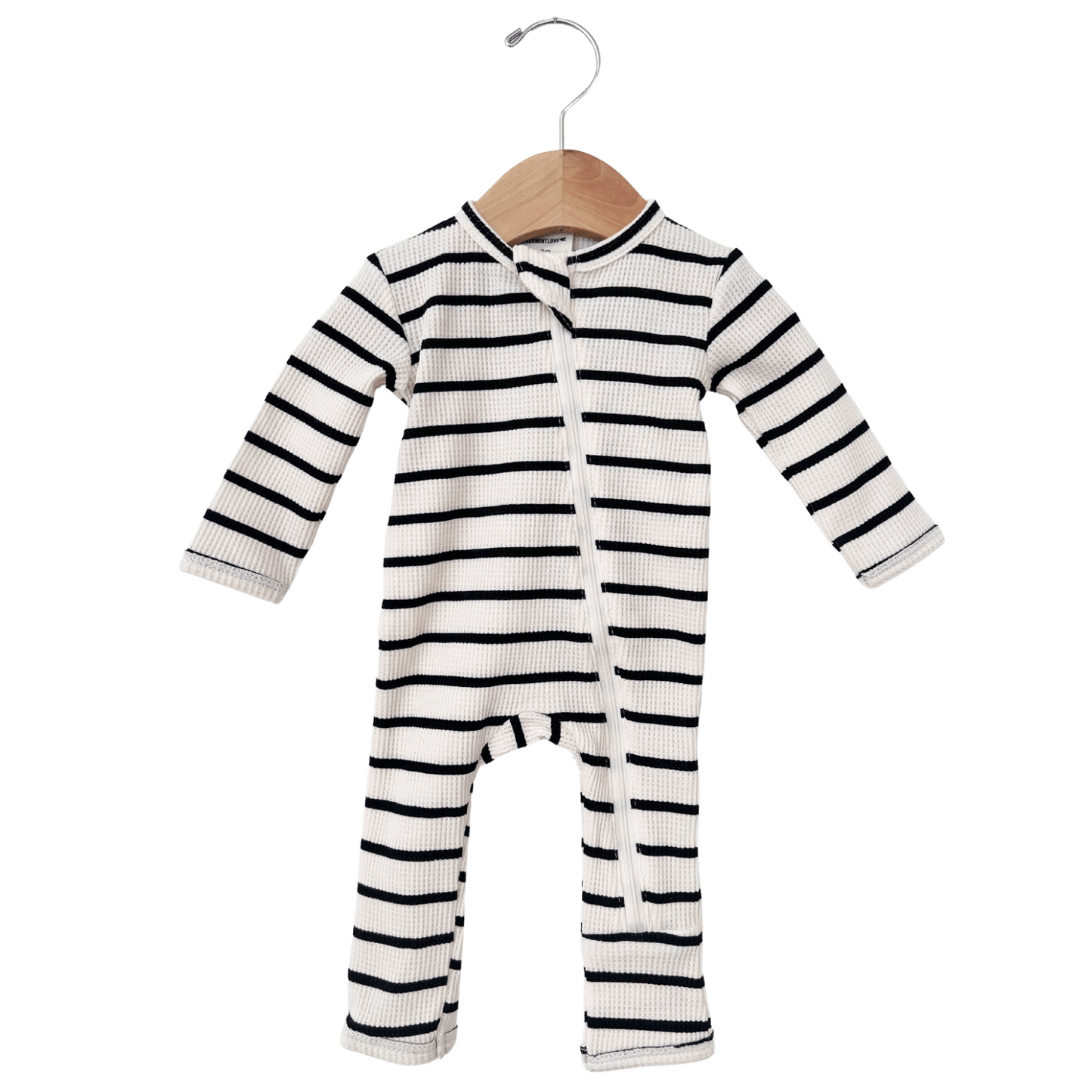 Organic Waffle Basic Zip Romper, Black Stripe