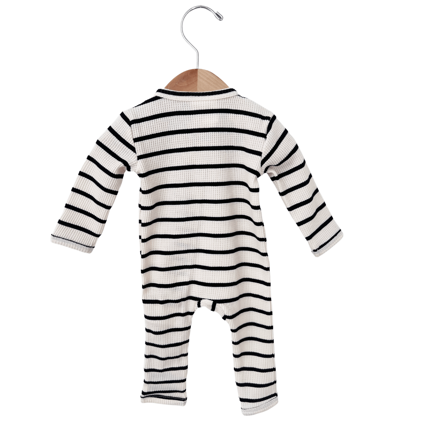 Organic Waffle Basic Zip Romper, Black Stripe