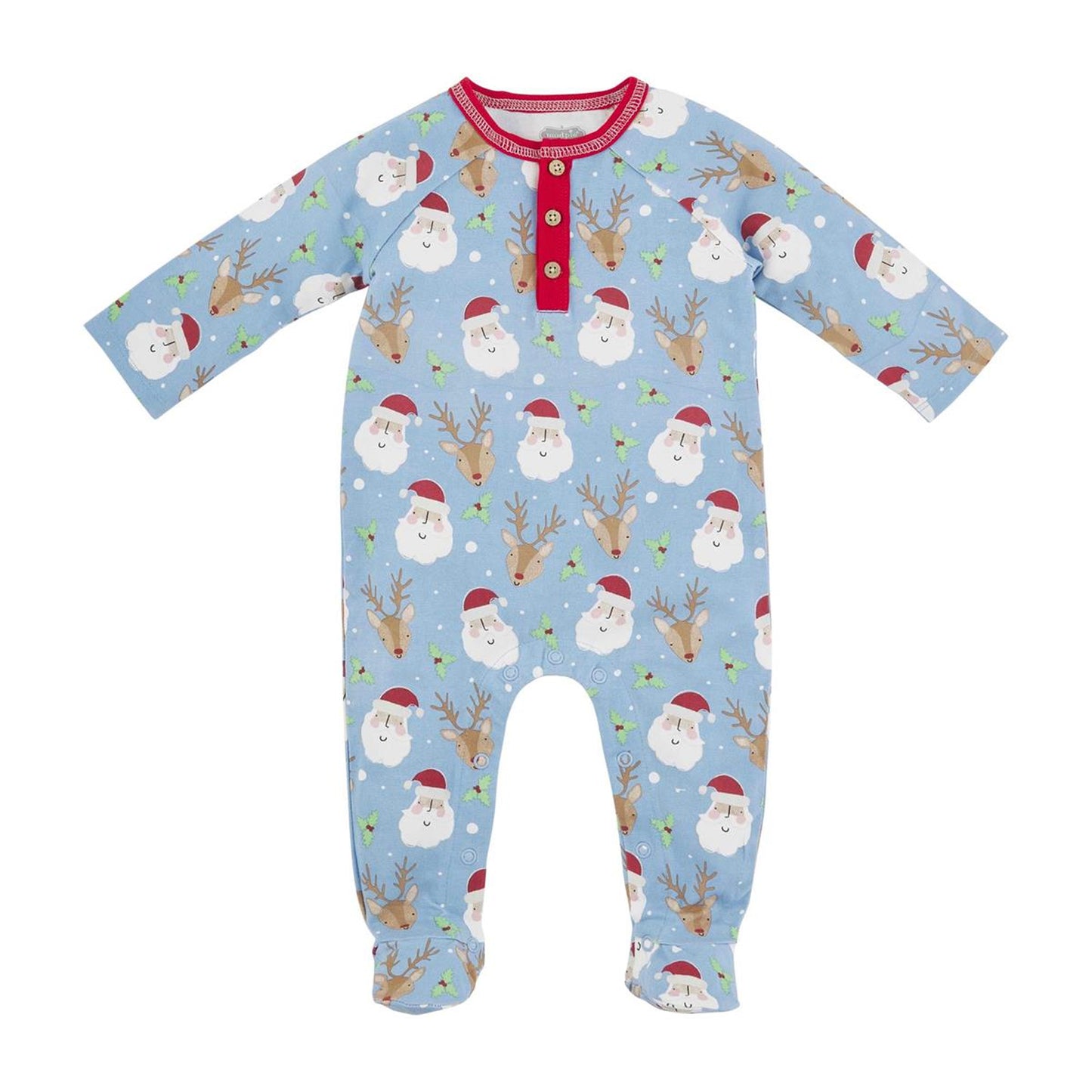 Footed Romper, Blue Santa & Reindeer