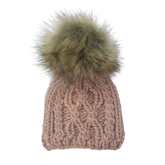 SpearmintLOVE’s baby Cable Knit Fur Pom Hat, Blush