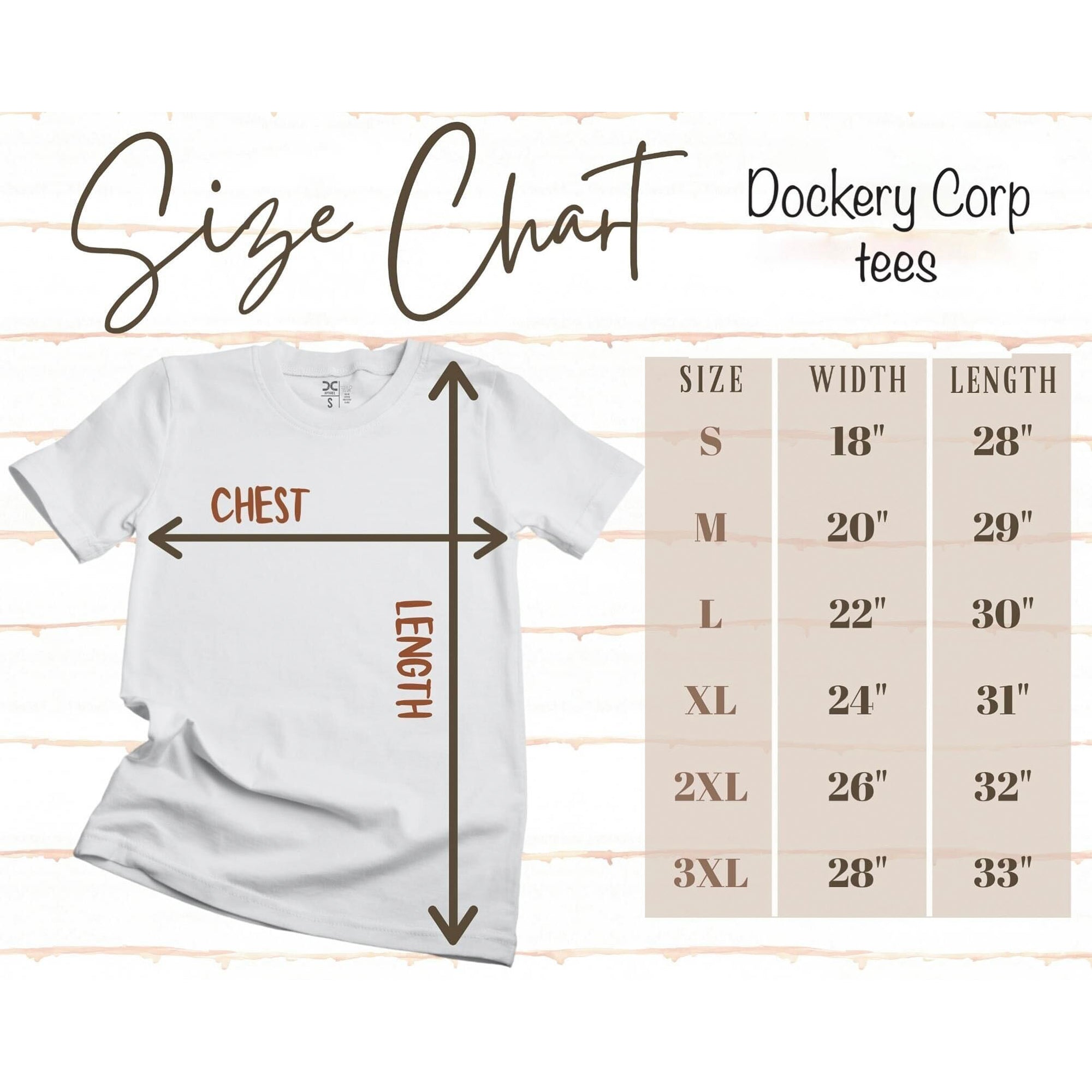 Size chart for Dockery Corp tees, detailing sizes small to 3XL with measurements for width and length.