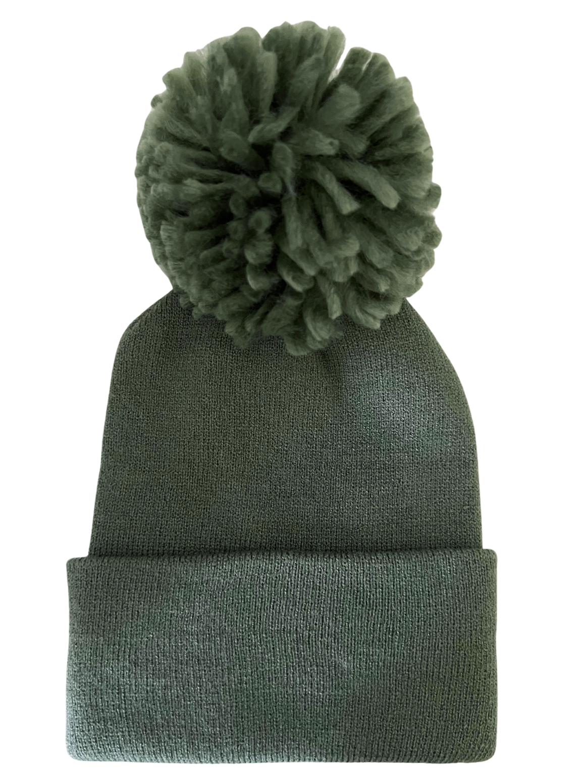 Green knit hat with a large pom-pom on top, featuring a folded cuff at the bottom.