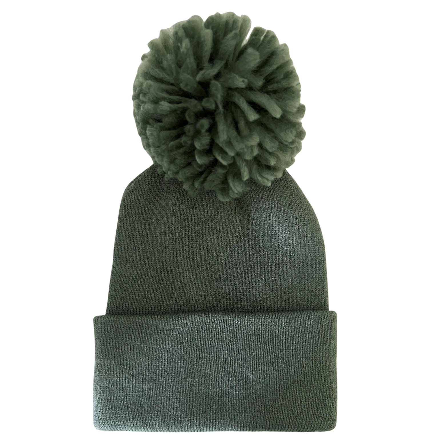 Green knit hat with a large pom-pom on top, featuring a folded cuff at the bottom.