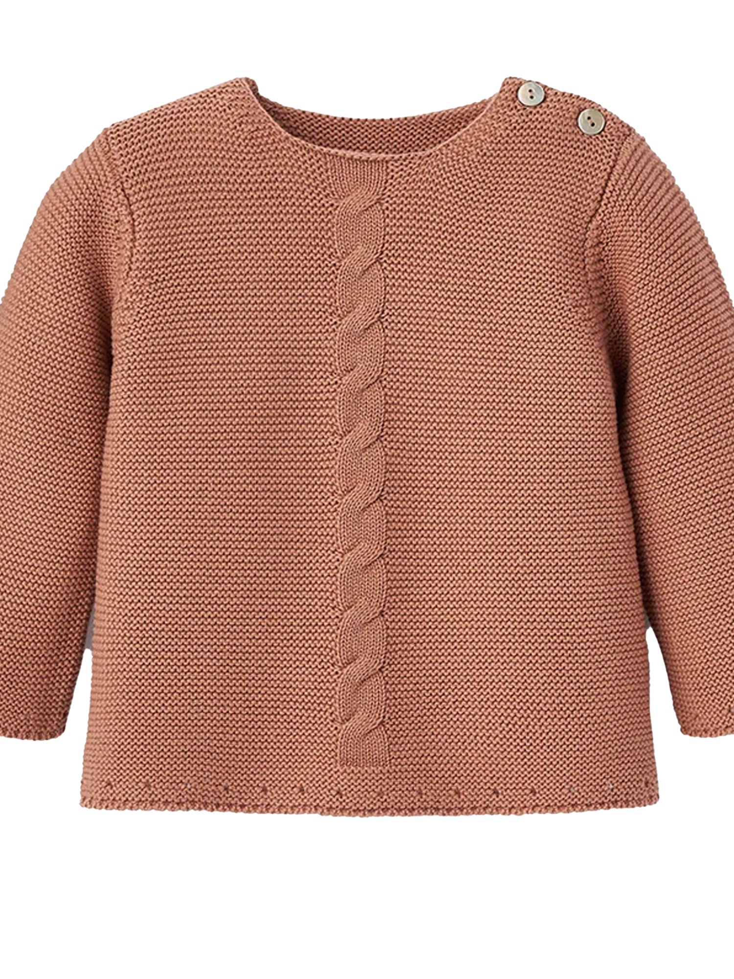 Dusty rose sweater with cable knit detail and button closure, perfect for layering in cooler weather.