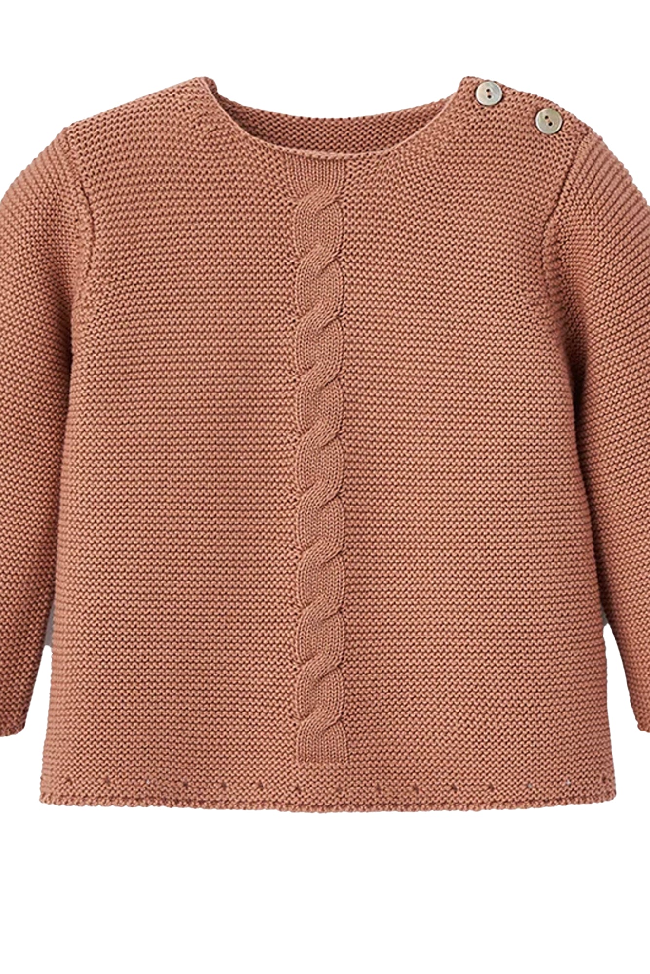 Dusty rose sweater with cable knit detail and button closure, perfect for layering in cooler weather.
