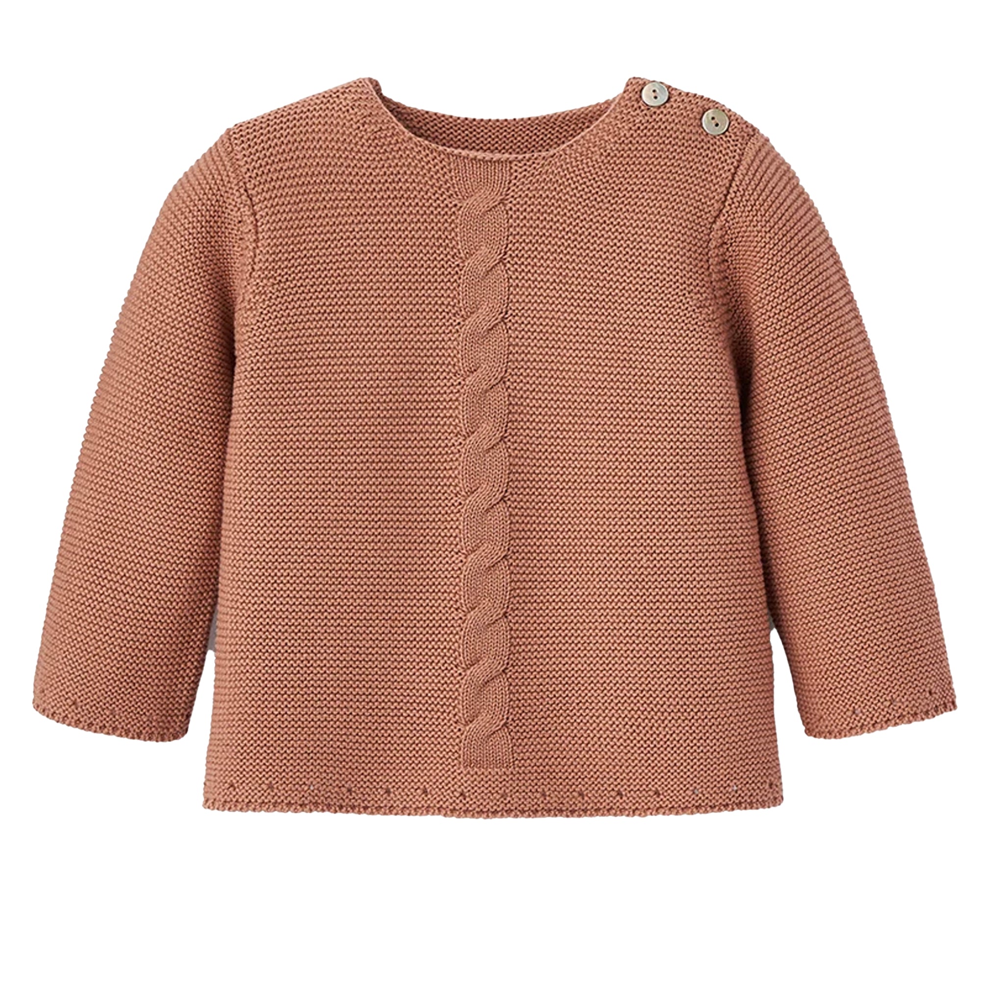 Dusty rose sweater with cable knit detail and button closure, perfect for layering in cooler weather.