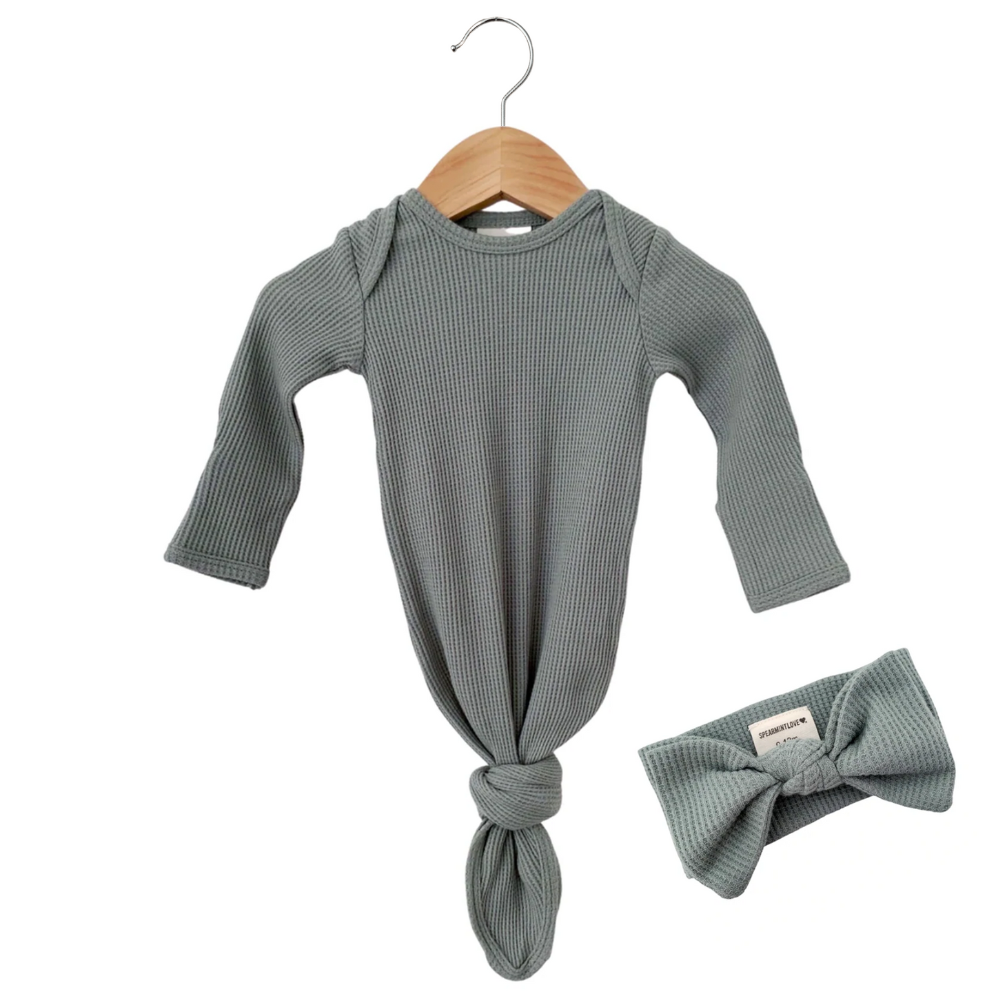 Organic Waffle Knotted Gown & Bow Set, Mountain Green