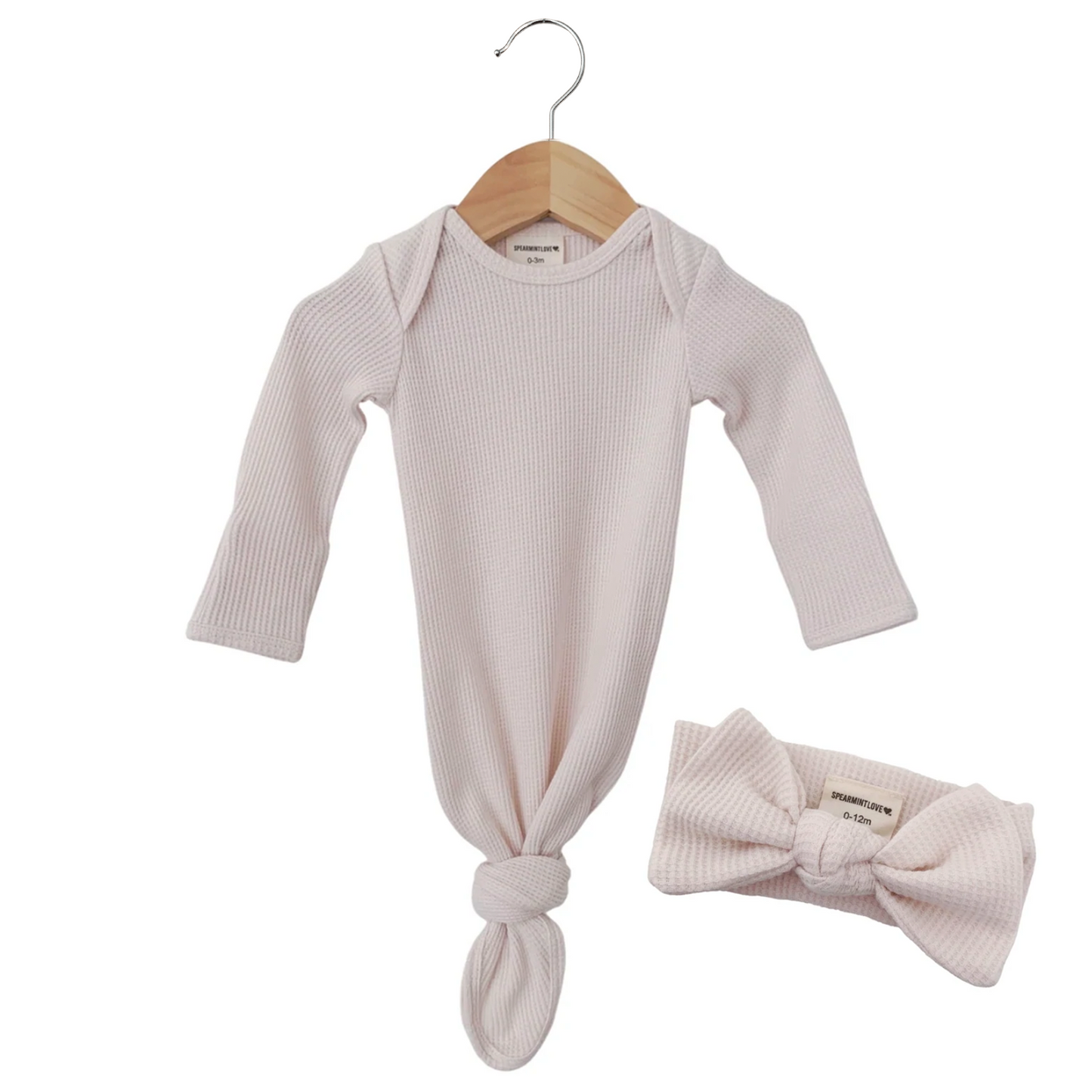 Organic Waffle Knotted Gown & Bow Set, Snow