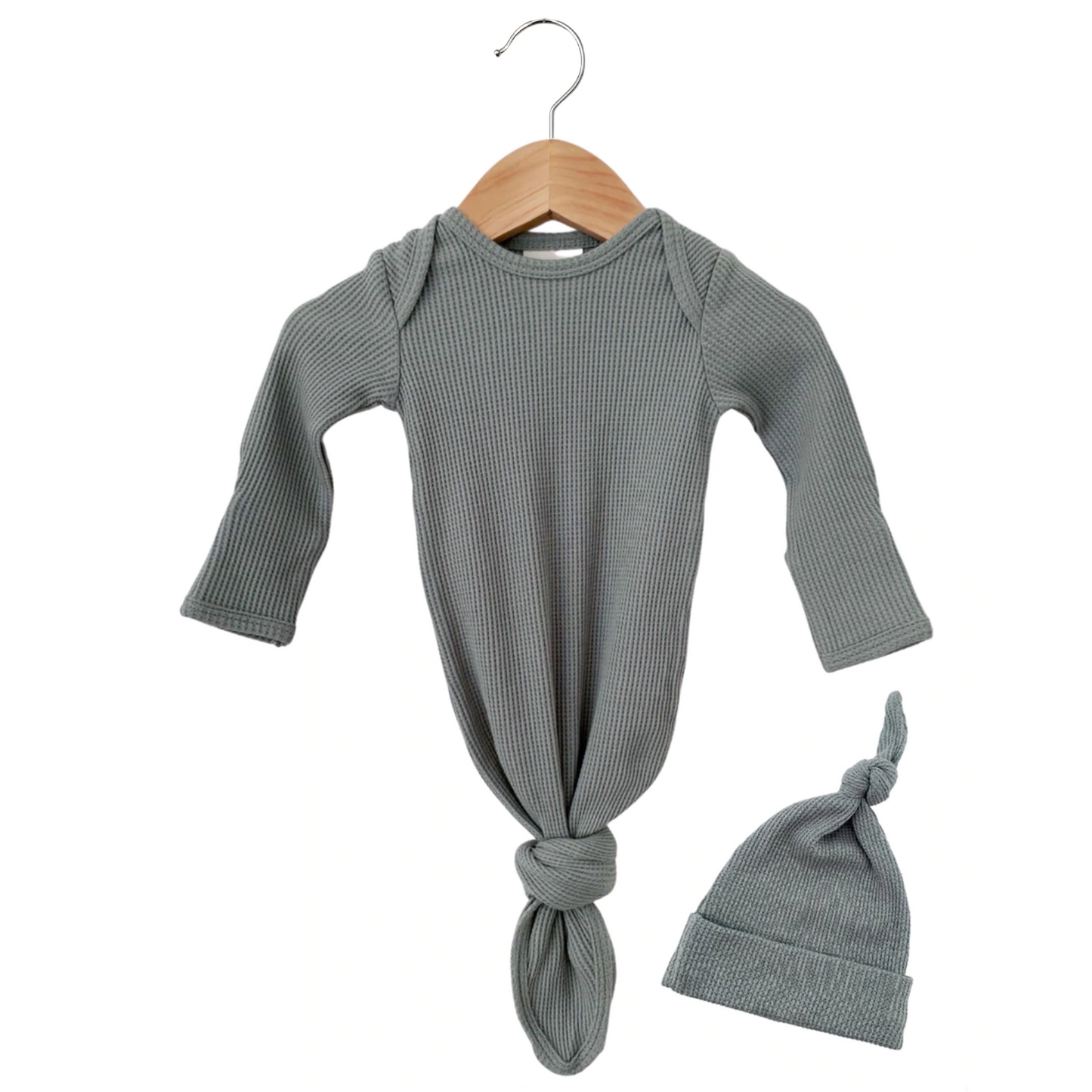 Organic Waffle Knotted Gown & Hat Set, Mountain Green