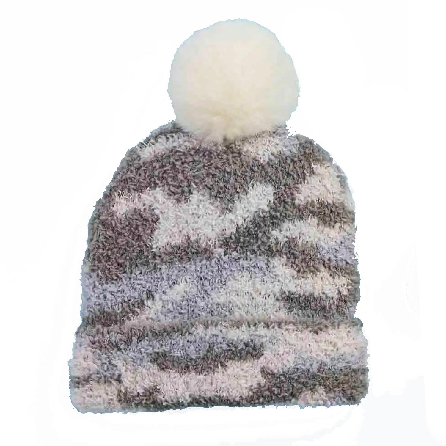 Soft, knit winter hat with a white pom pom and a gray and beige camouflage pattern.
