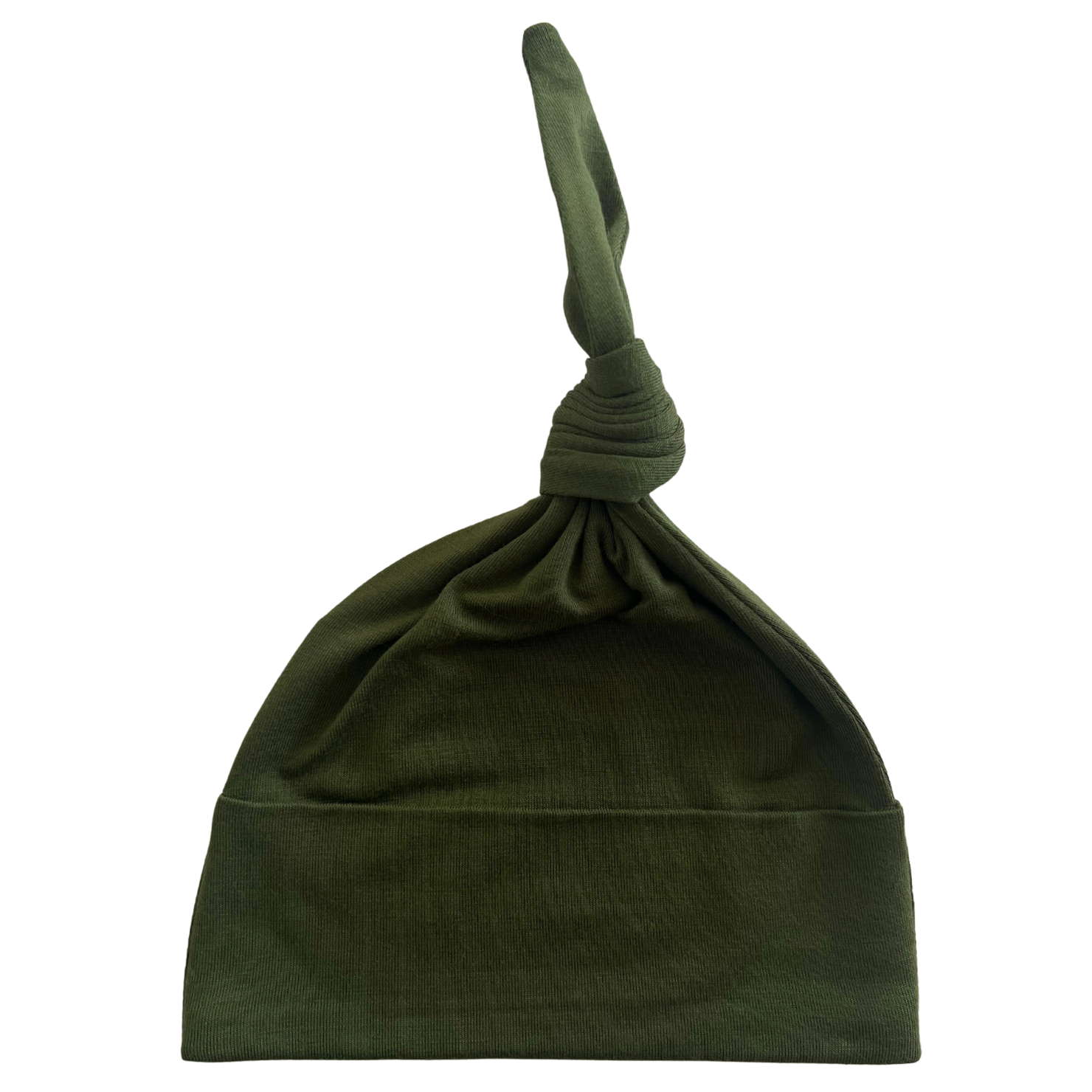 Olive green knotted hat with a soft, textured fabric, displayed against a white background.