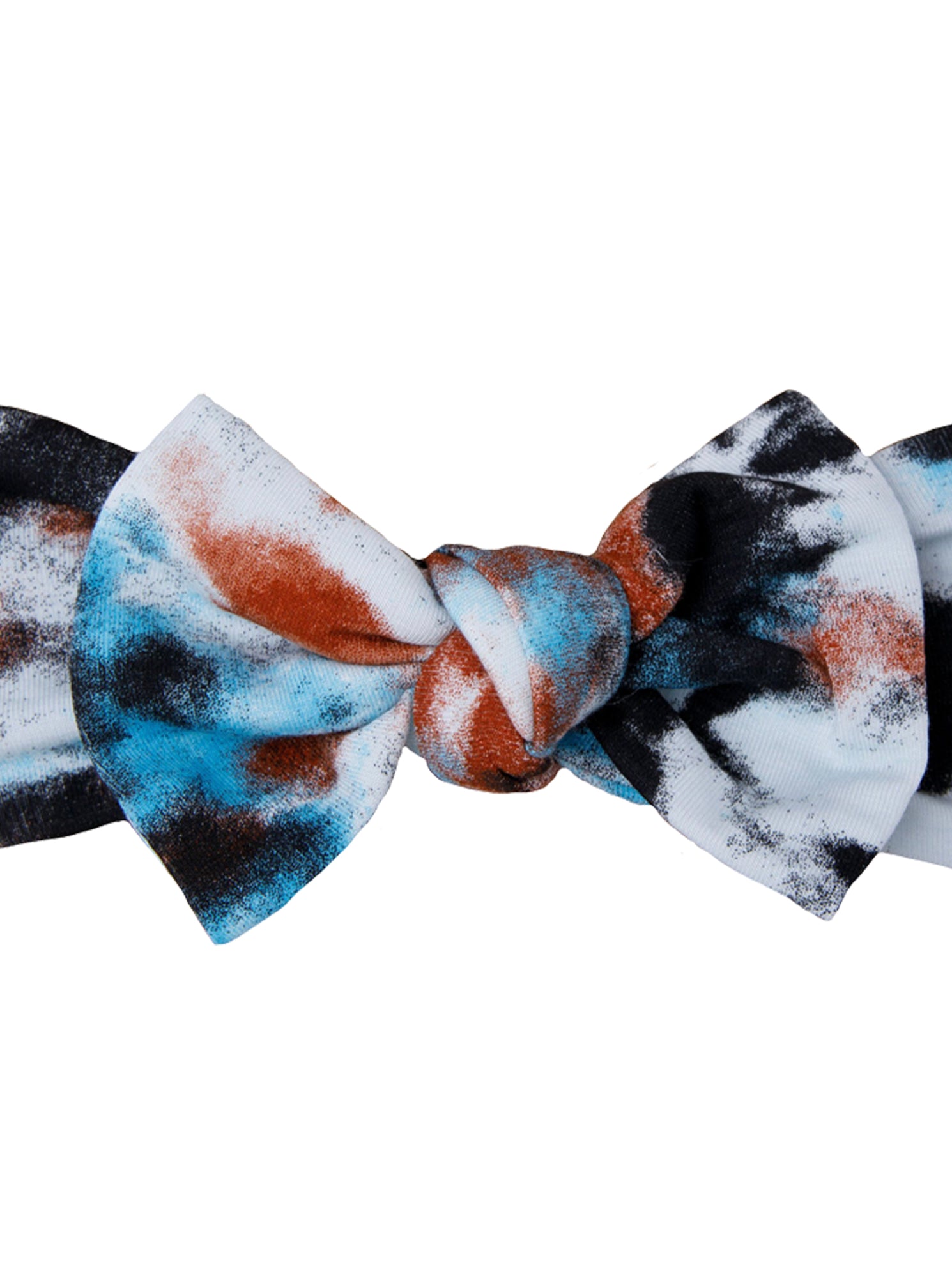 Colorful tie-dye hair bow in white, black, blue, and rust patterns, featuring a central knot.