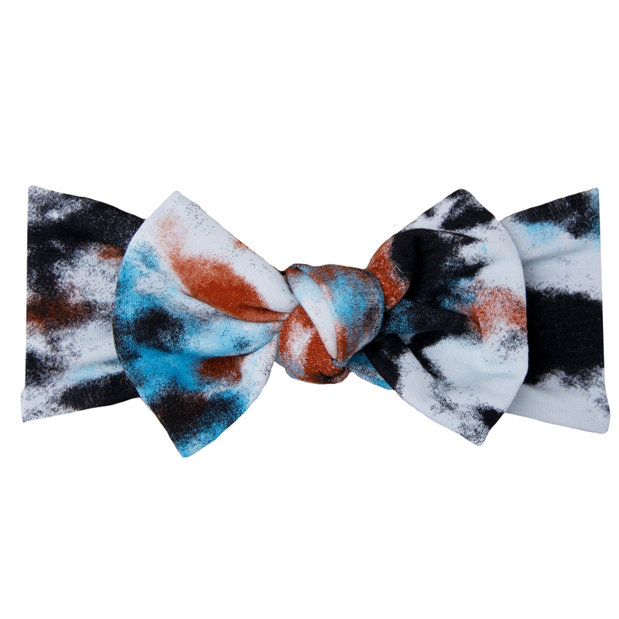 Colorful tie-dye hair bow in white, black, blue, and rust patterns, featuring a central knot.