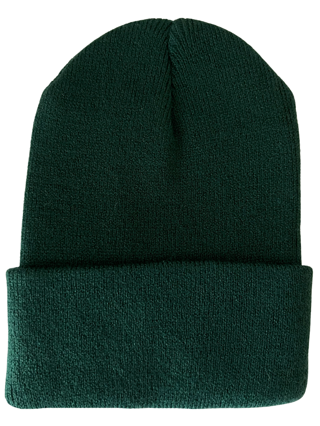 Green knit beanie hat with a rolled cuff, designed for warmth and style during cold weather.