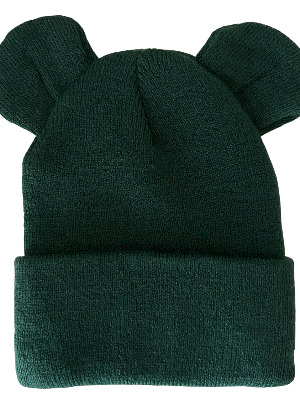 Green knit beanie with two ears on top, folded brim for added warmth and style.