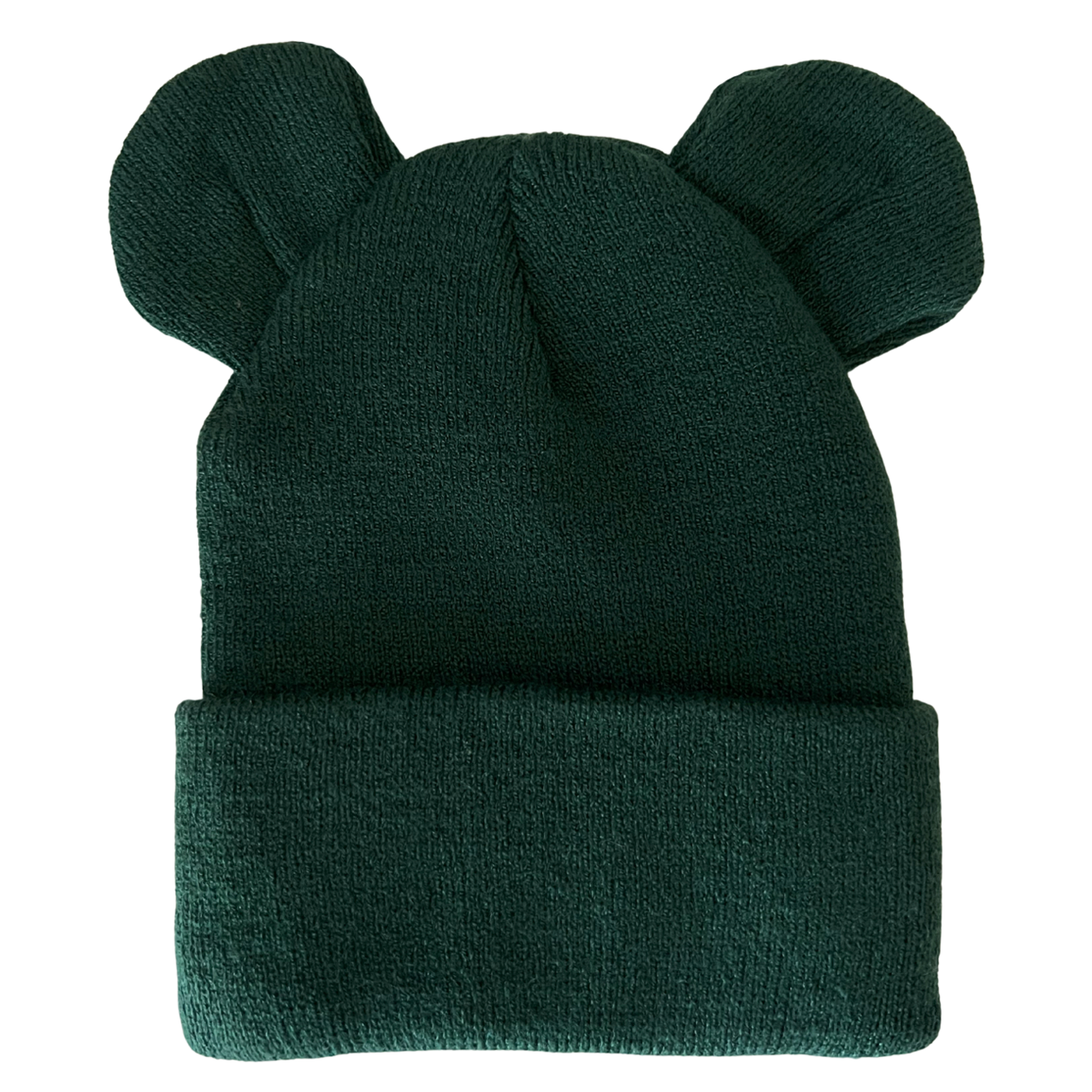 Green knit beanie with two ears on top, folded brim for added warmth and style.