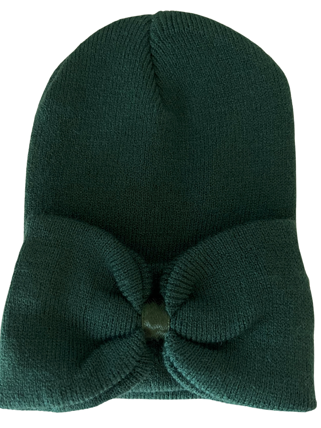 Green knit beanie with a bow detail at the front, perfect for winter wear.